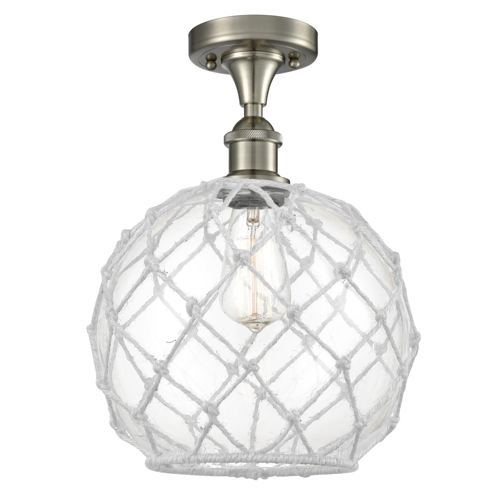 Shown in Brushed Satin Nickel finish and Clear With White Rope glass