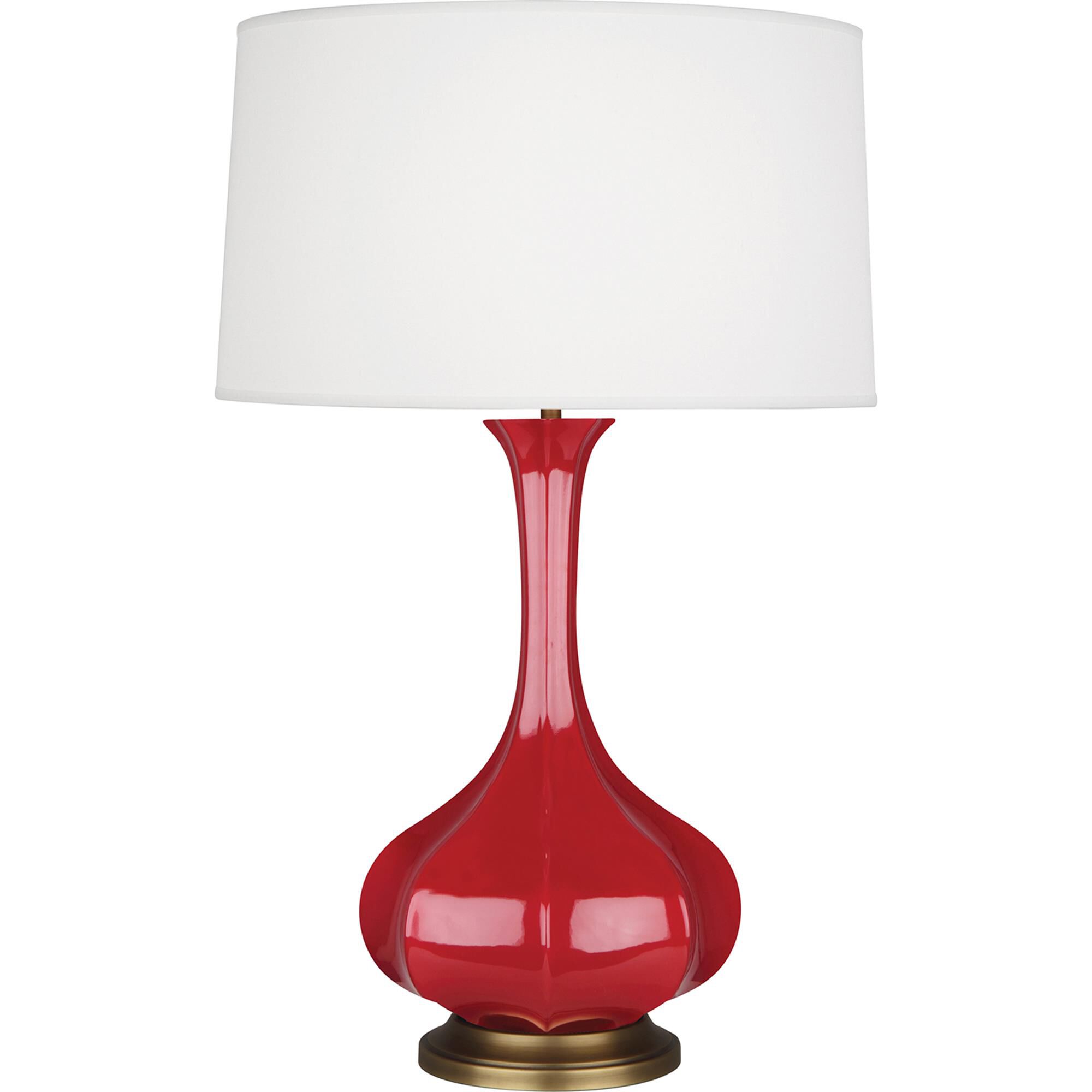 Shown in Ruby Red Glazed Ceramic With Aged Brass Accents finish and Pearl Dupoini Fabric shade