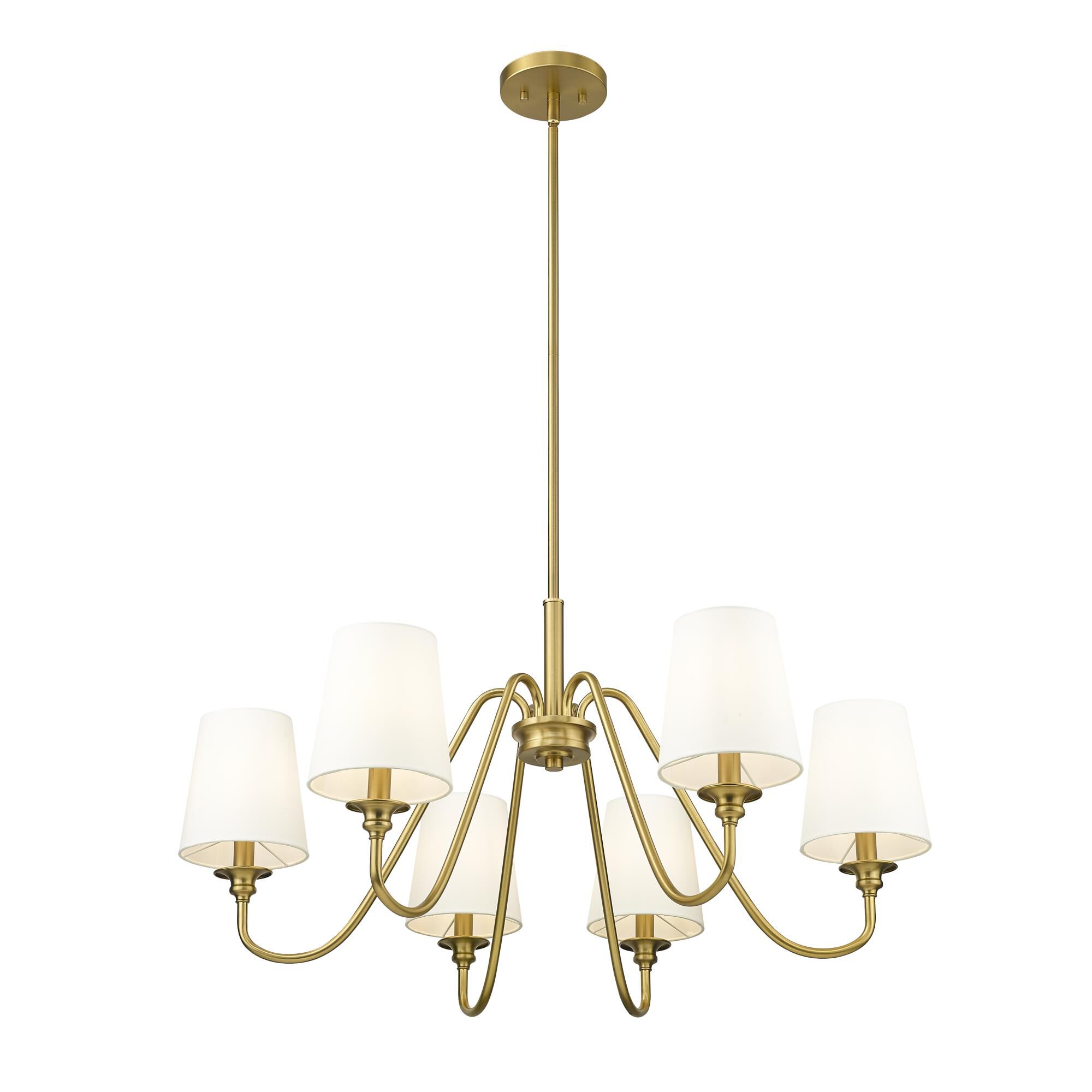 Shown in Modern Gold finish and White glass and White shade