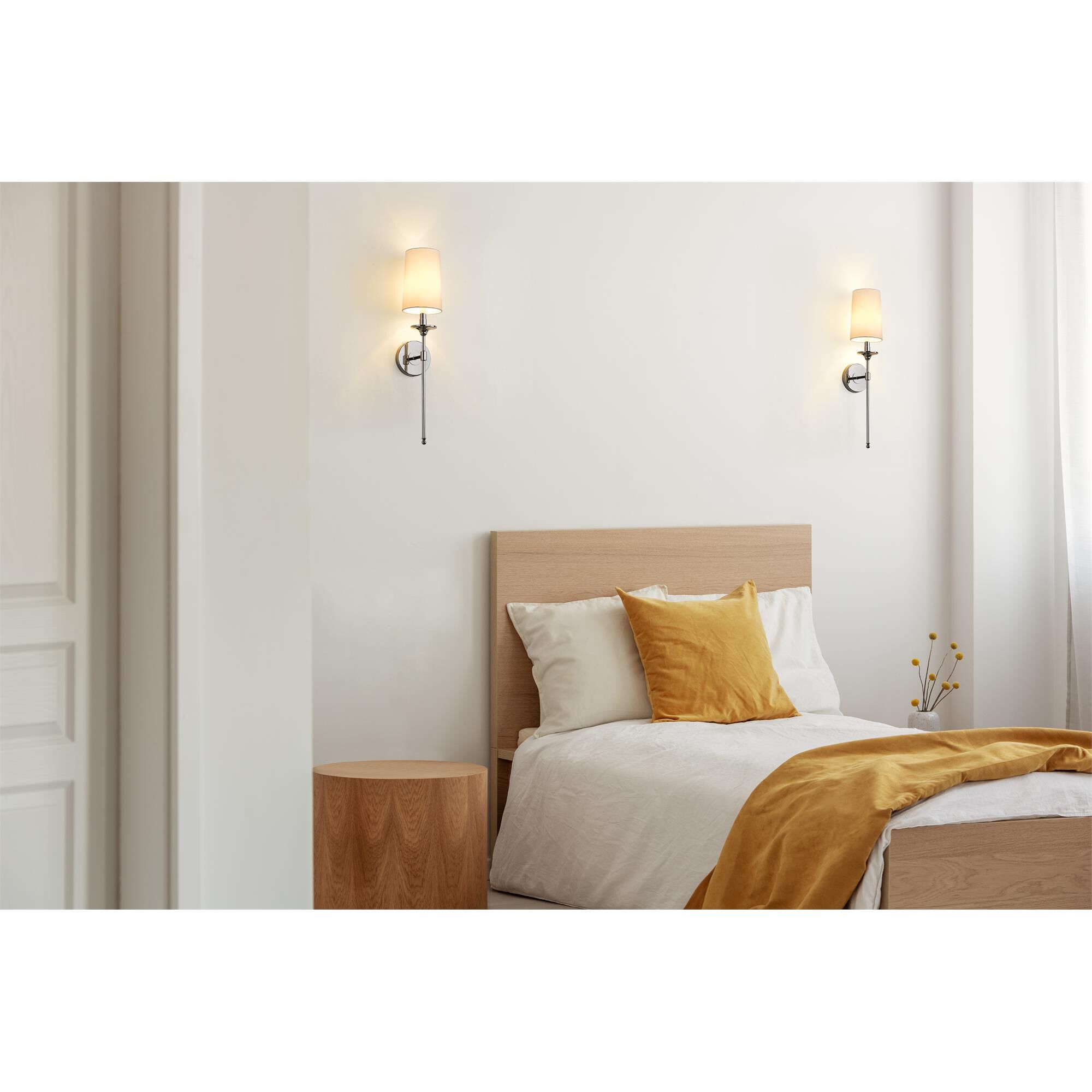 Shown in Polished Nickel finish and Fabric glass and Fabric shade