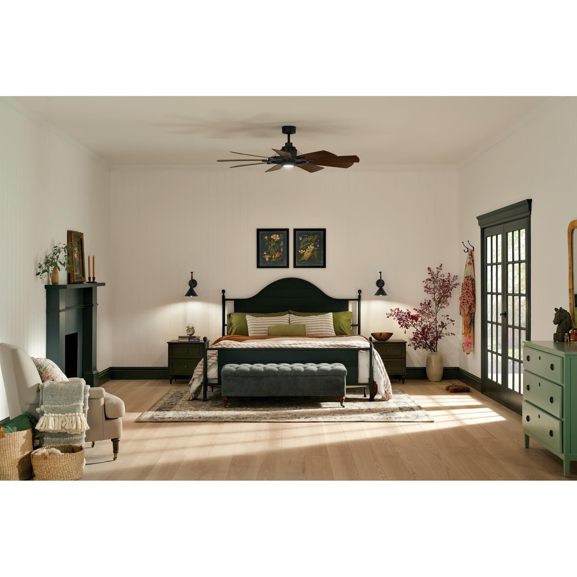 Shown in Distressed Black finish and Etched Cased Opal glass