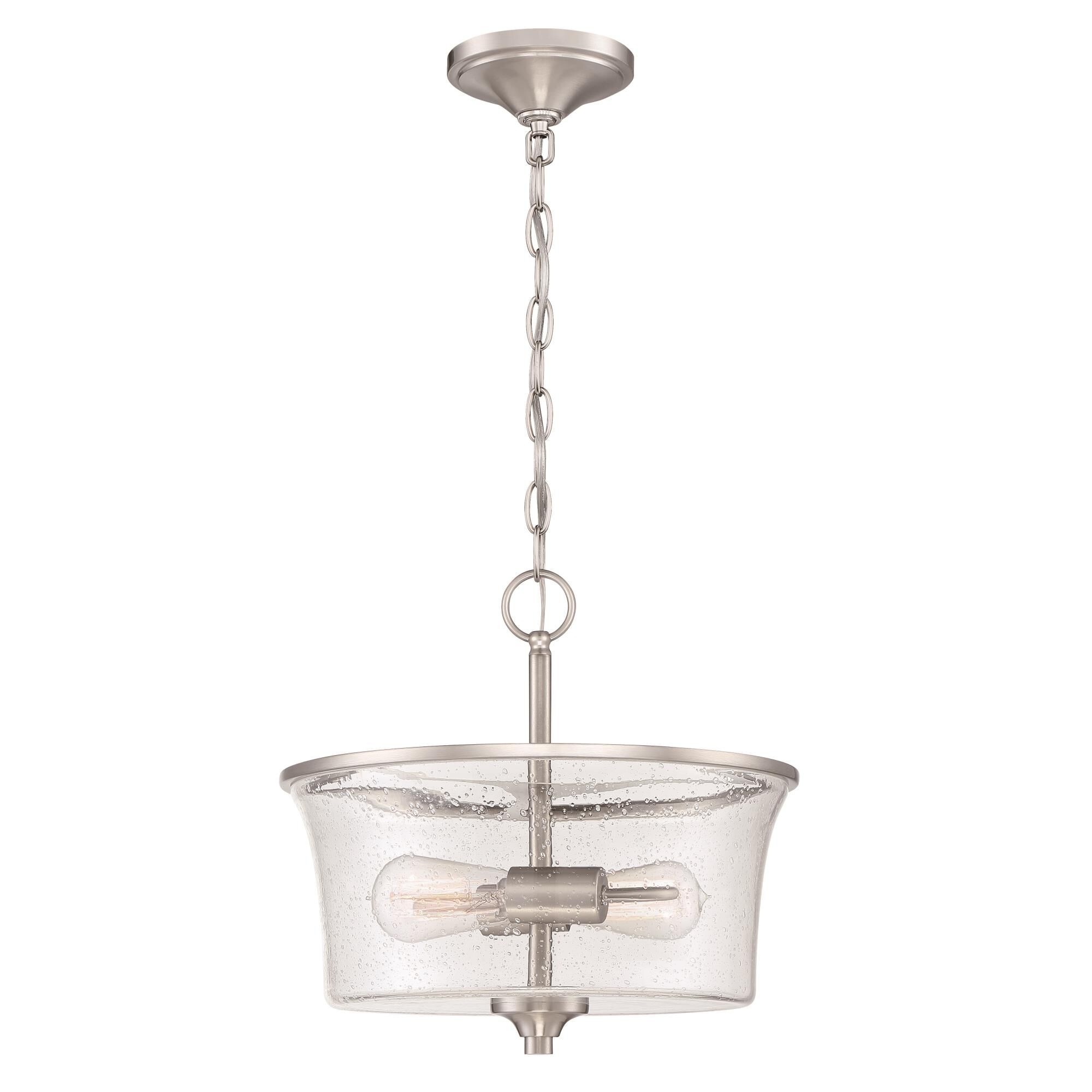 Shown in Brushed Polished Nickel finish and Clear Seeded glass and Glass shade