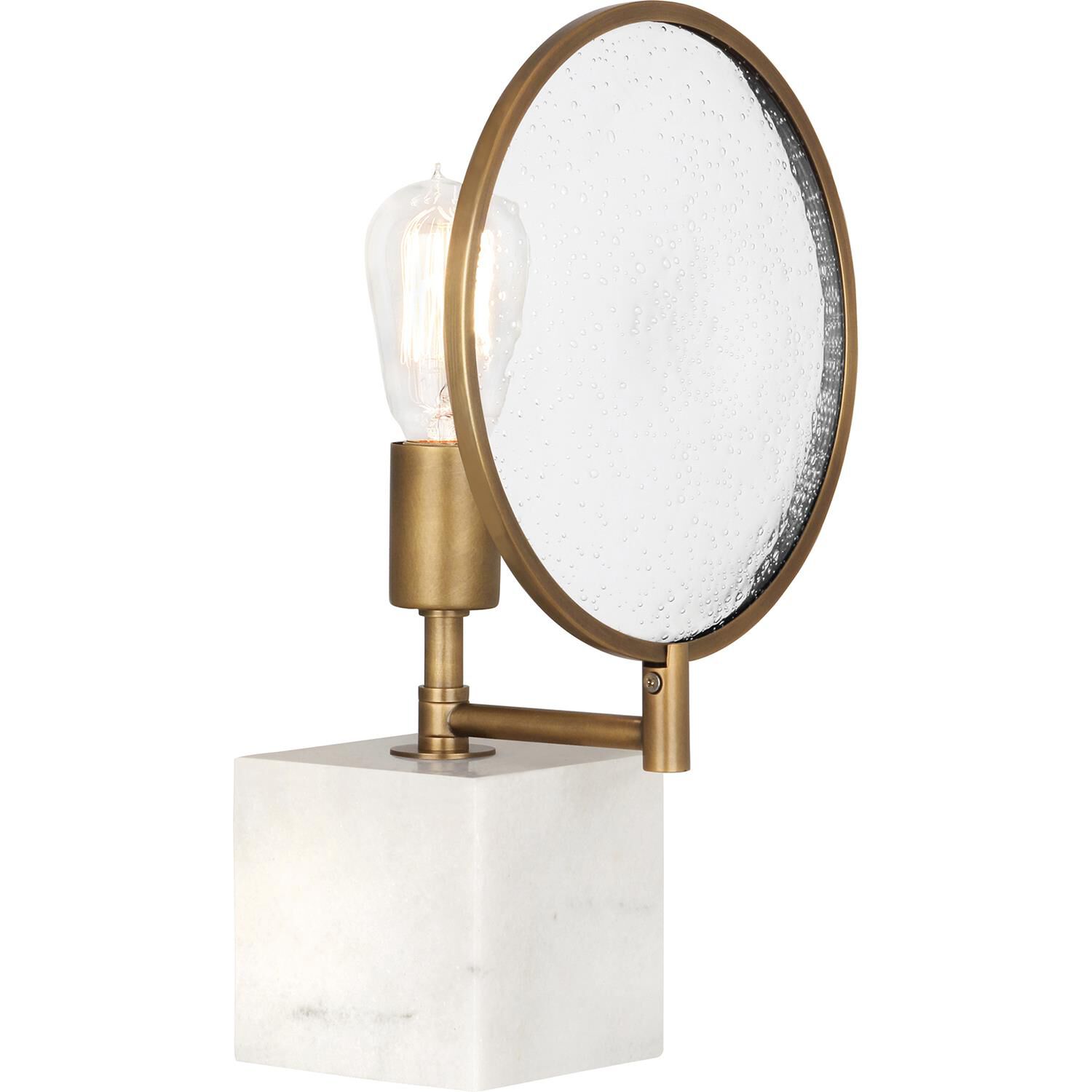 Shown in Alabaster Stone Base And Aged Brass  finish and Clear Seeded Glass Lens shade