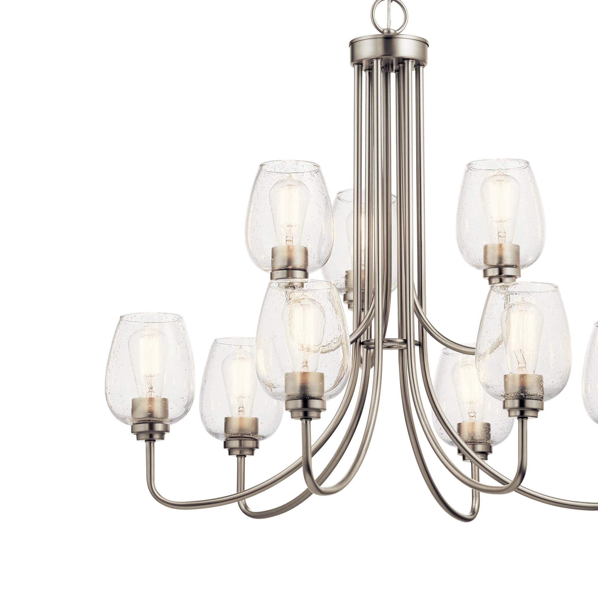 Shown in Brushed Nickel finish and Clear Seeded glass