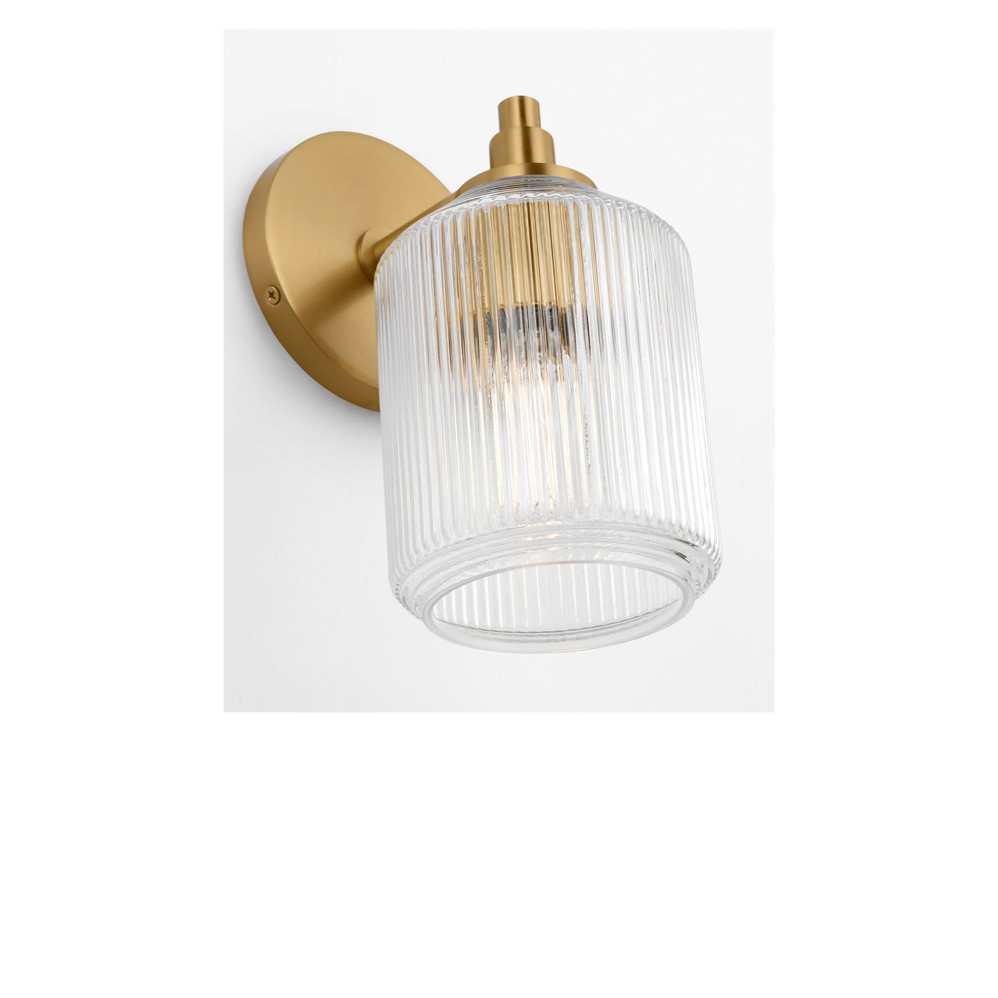 Shown in Burnished Brass finish and Clear Ribbed glass