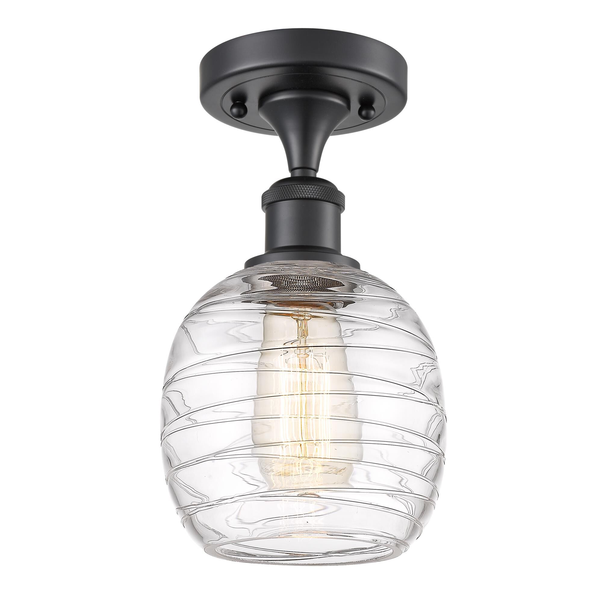 Shown in Matte Black finish and Deco Swirl Belfast glass