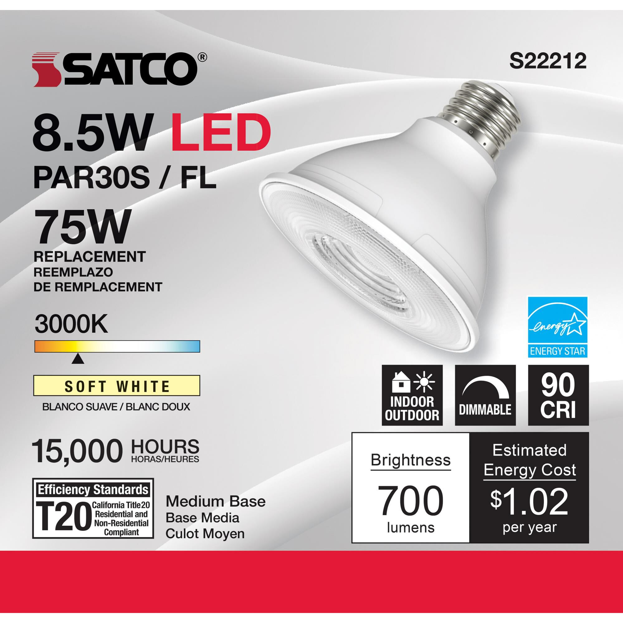 Dimmable 8.5 Watt 3000K PAR30SN LED Light Bulb by Satco