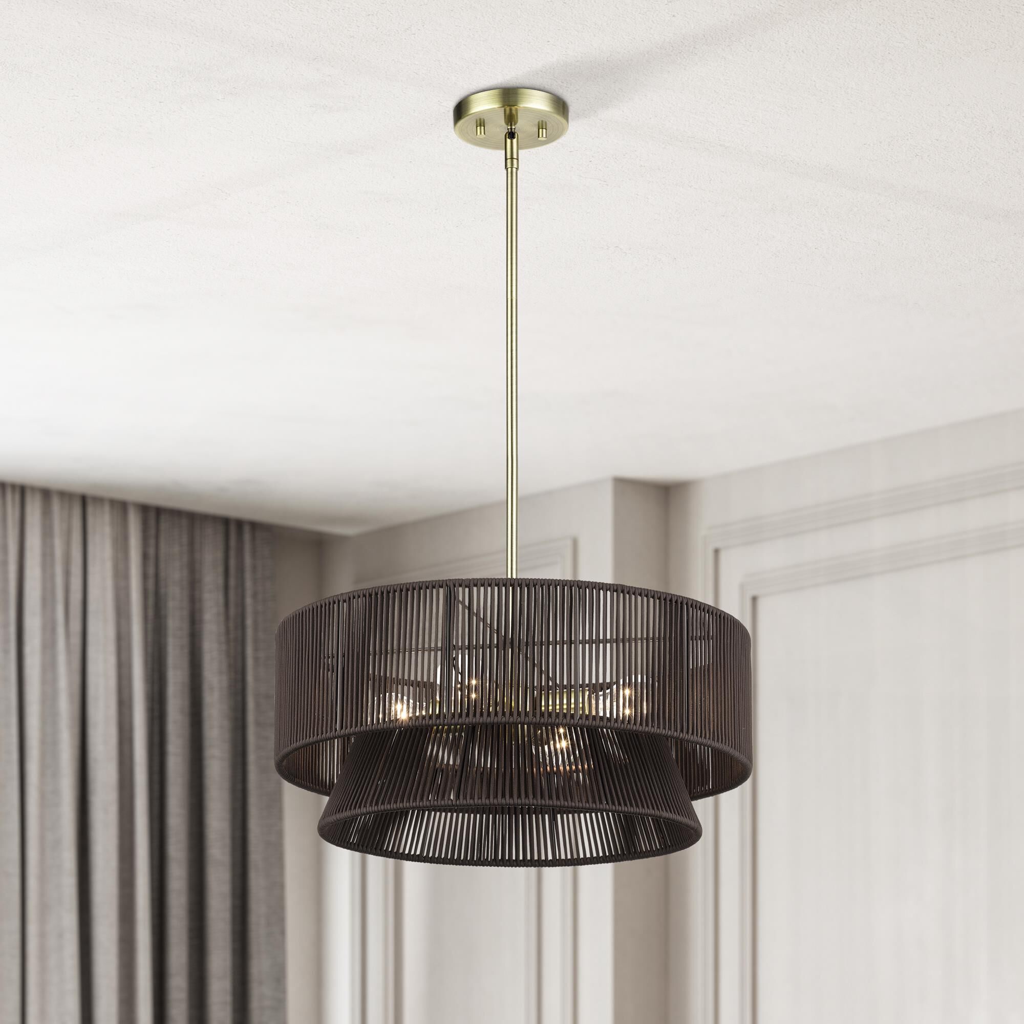 Shown in Antique Brass finish and Hand-Woven Dark Chocolate Color Polyester Rope shade
