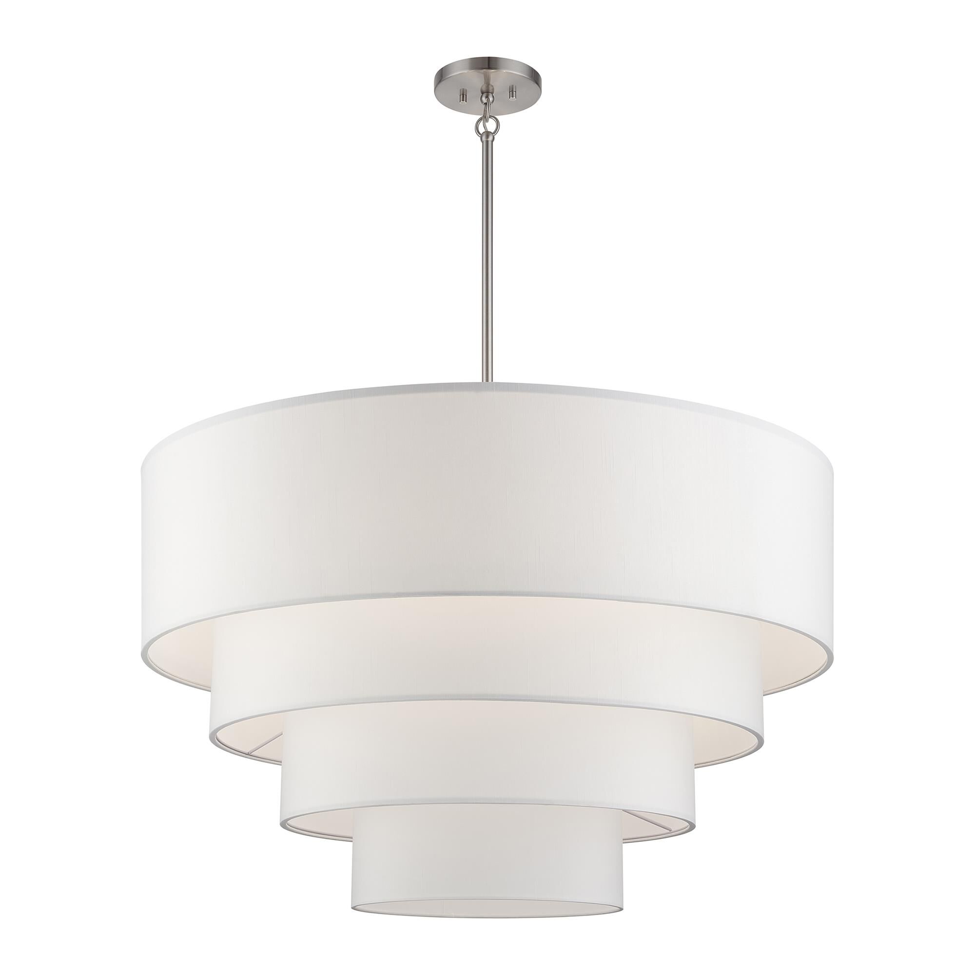 Shown in Brushed Nickel finish and Hand Crafted Off-White Fabric Hardbacks with White Fabric Inside shade