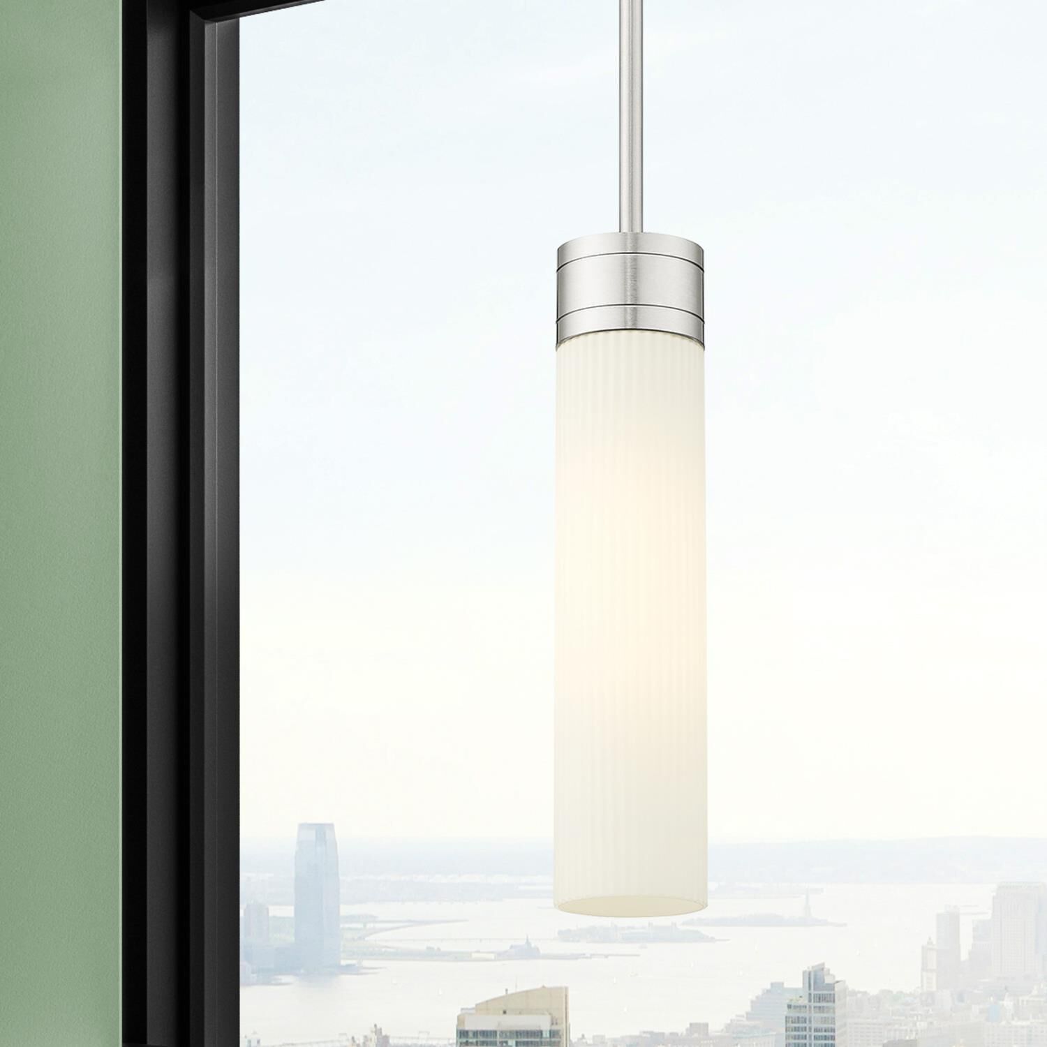 Shown in Satin Nickel finish and Striped White glass