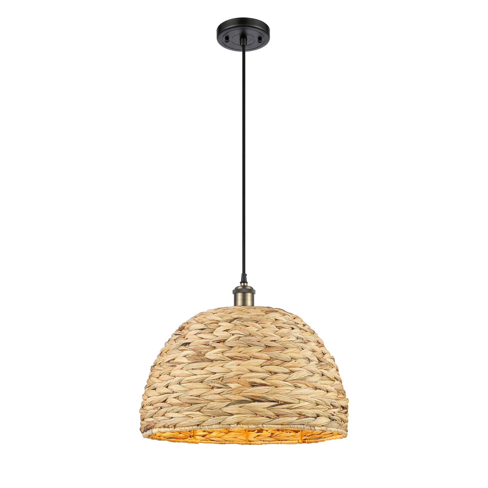 Shown in Black Antique Brass finish and Natural shade