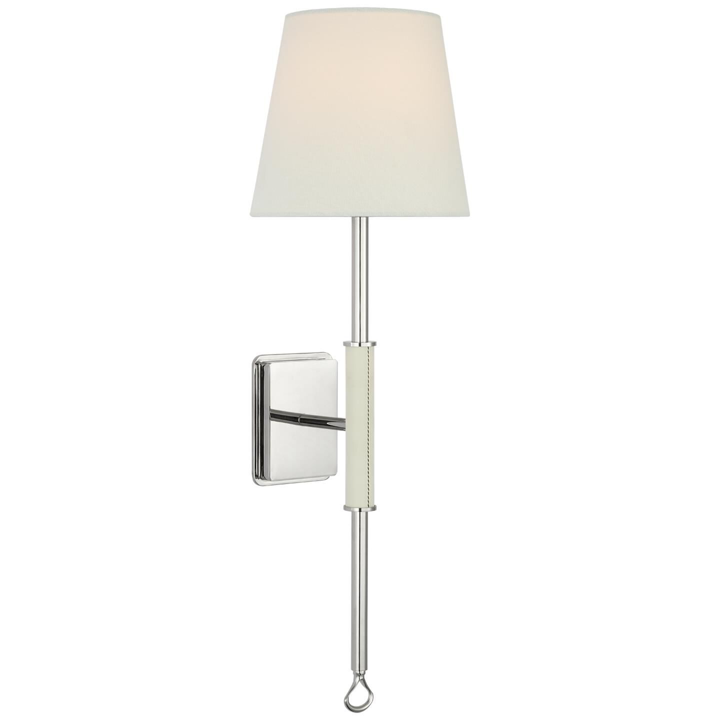 Shown in Polished Nickel and Parchment Leather finish and Linen shade