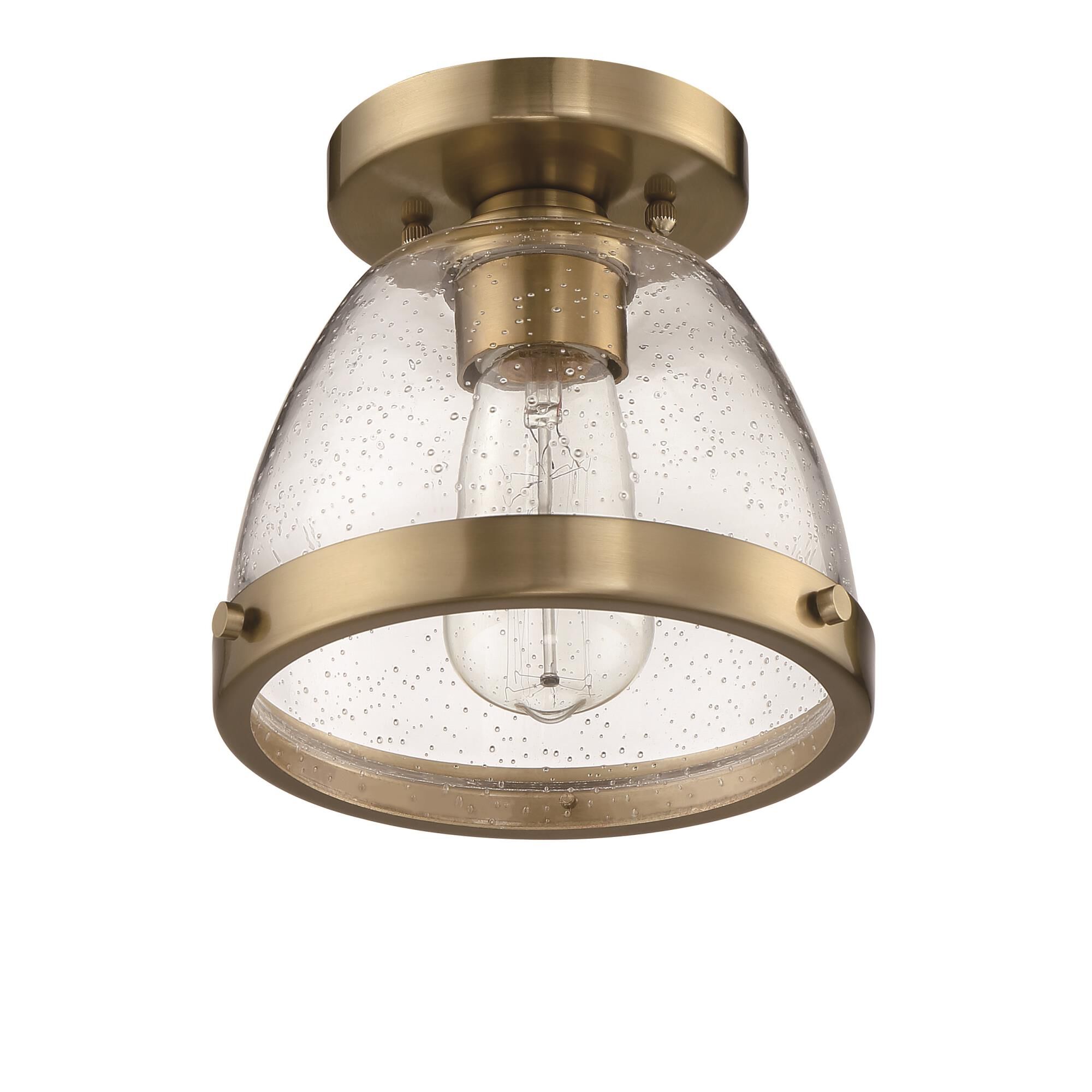 Shown in Satin Brass finish and Clear Seeded glass and Glass shade