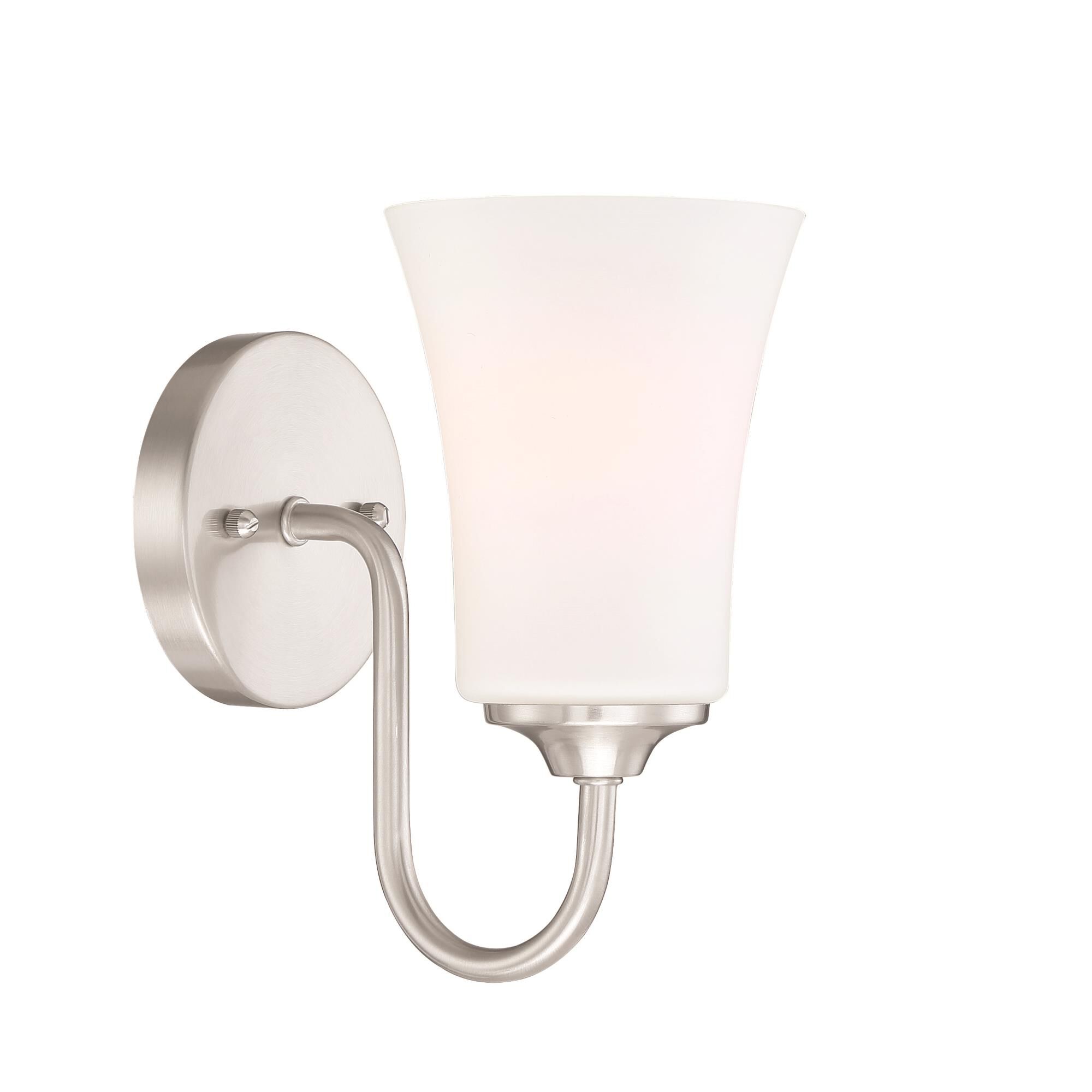 Shown in Brushed Polished Nickel finish and White Frosted glass and Glass shade