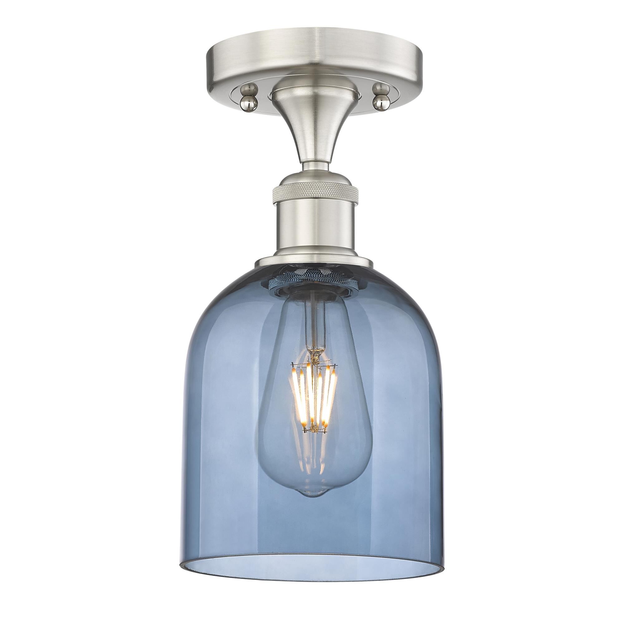 Shown in Brushed Satin Nickel finish and Princess Blue glass