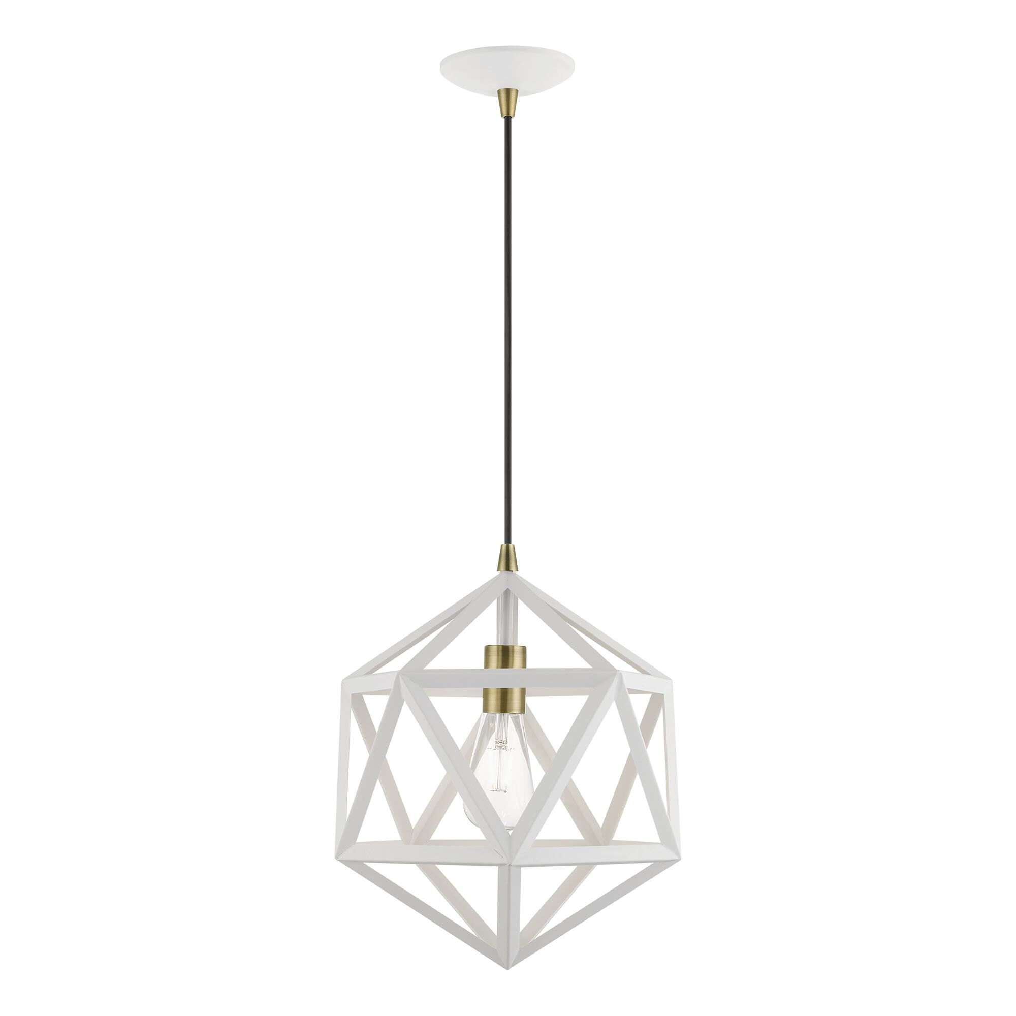 Shown in Textured White with Antique Brass Accents finish and Textured White Metal shade