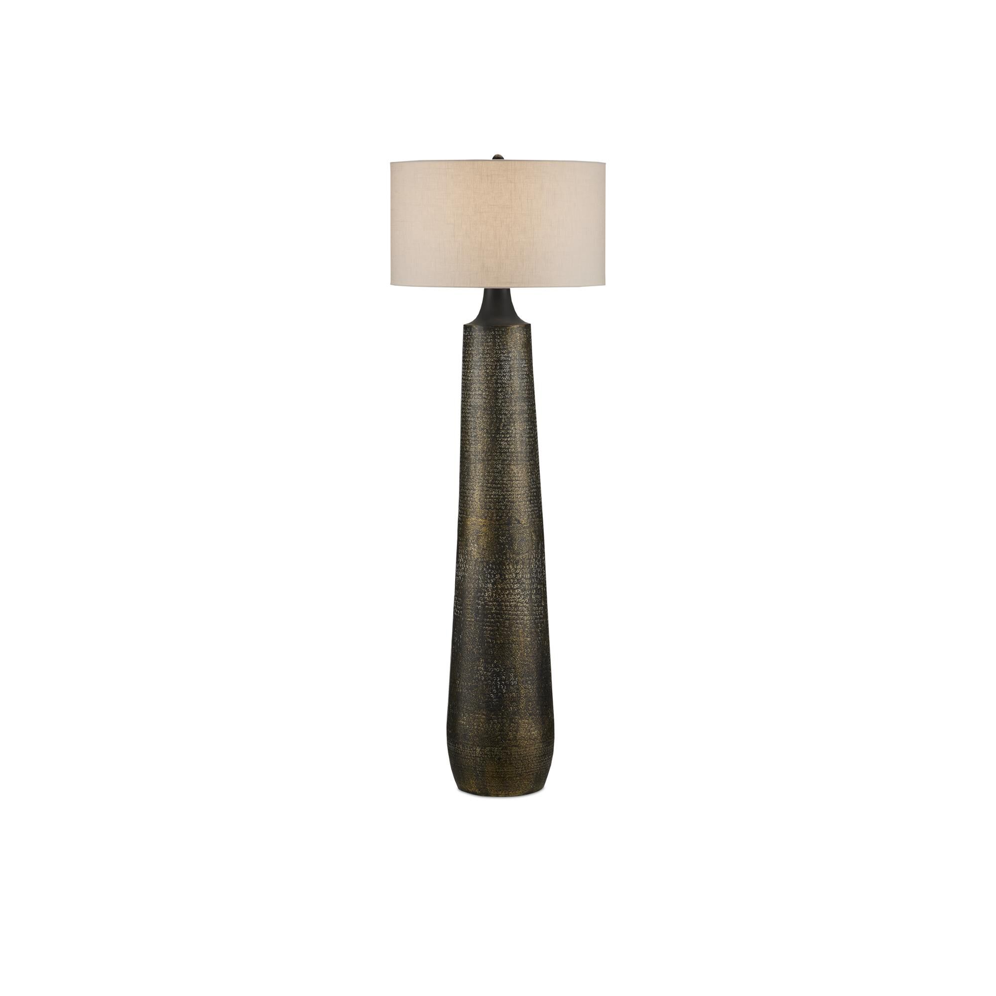 Shown in Antique Brass/Black/Whitewash finish and Off-White Linen shade