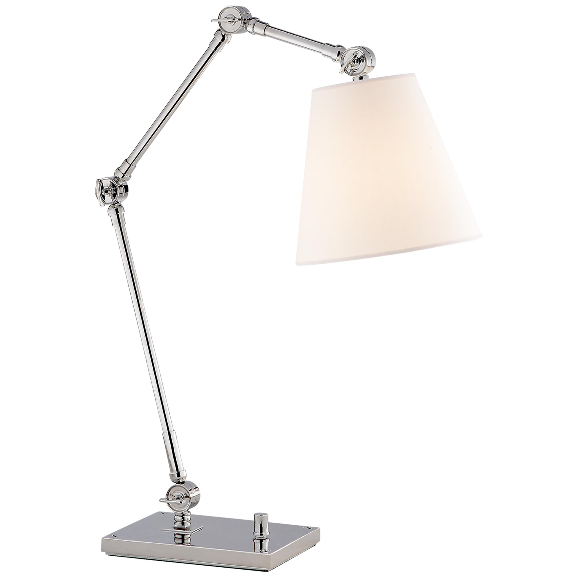Shown in Polished Nickel finish and Round Linen shade
