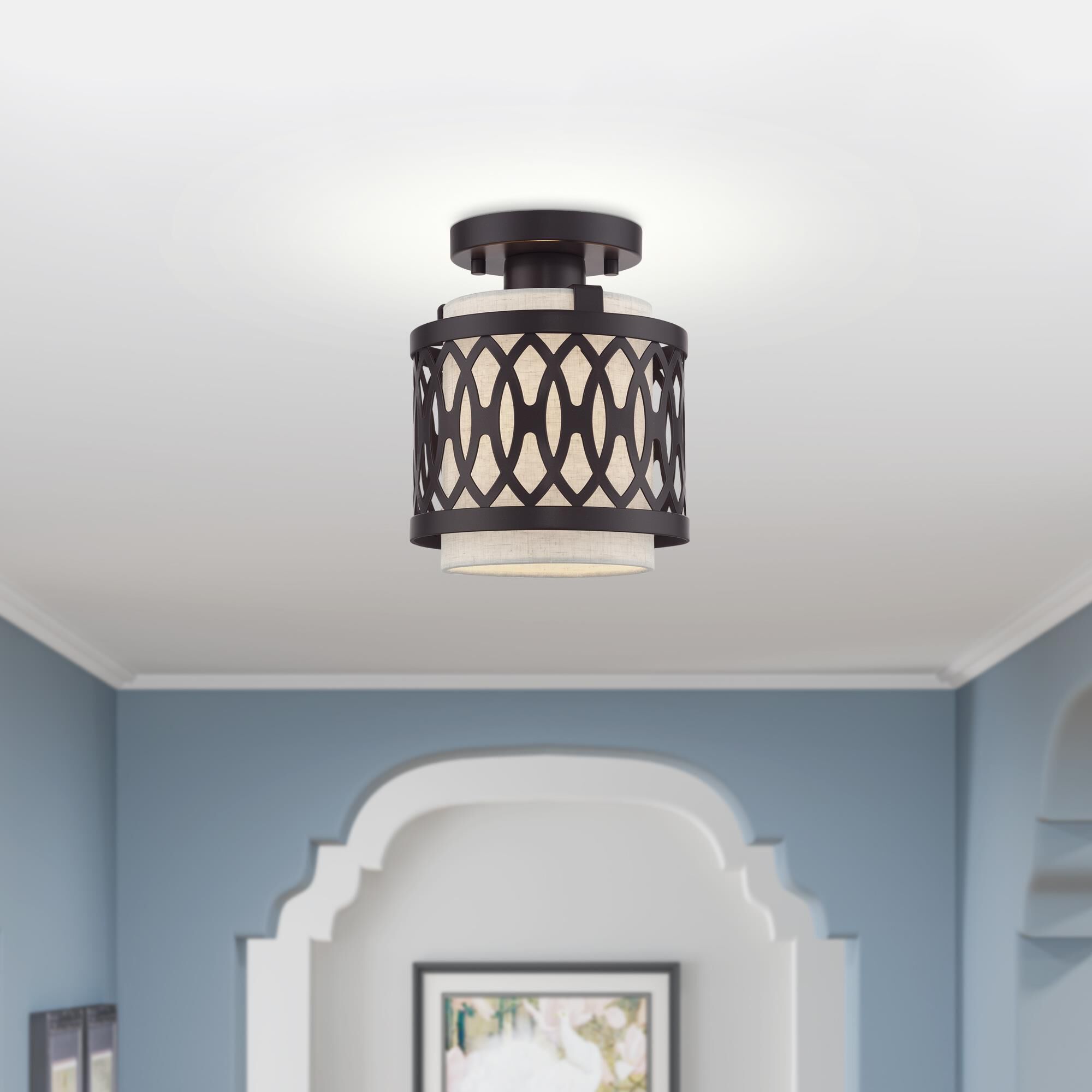 Shown in English Bronze finish and Hand Crafted Oatmeal Color Hardback shade