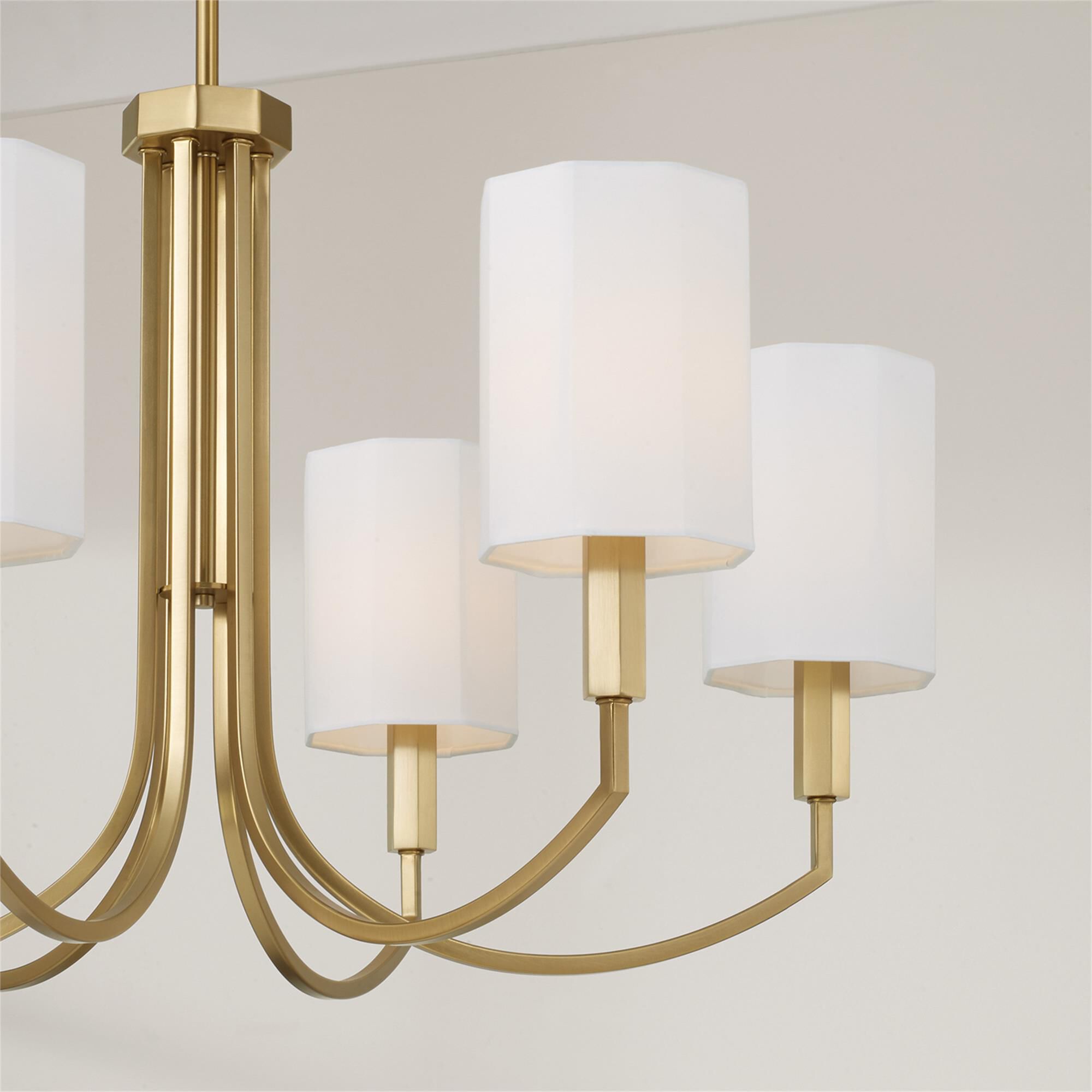 Shown in Aged Brass finish and White Fabric Octagonal s shade