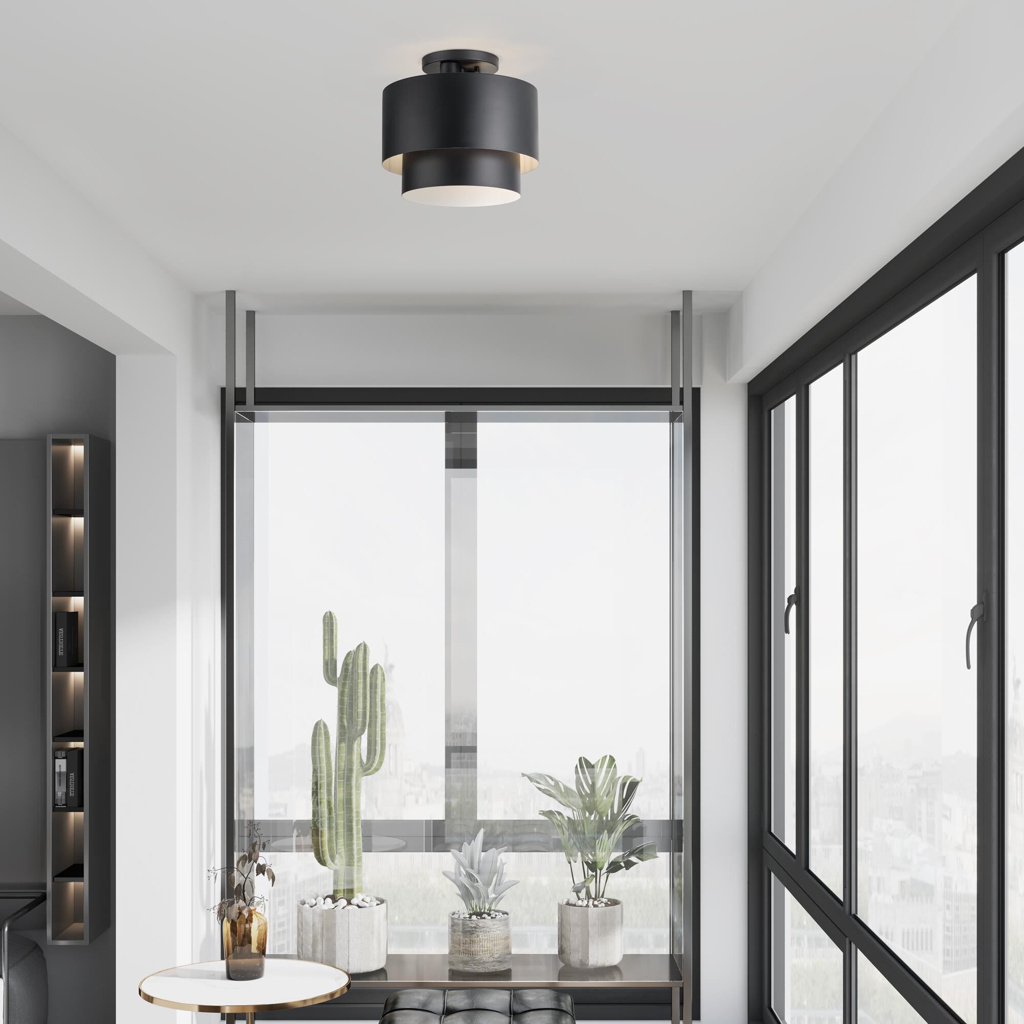 Shown in Black finish and Black Steel with Shiny White Inside shade