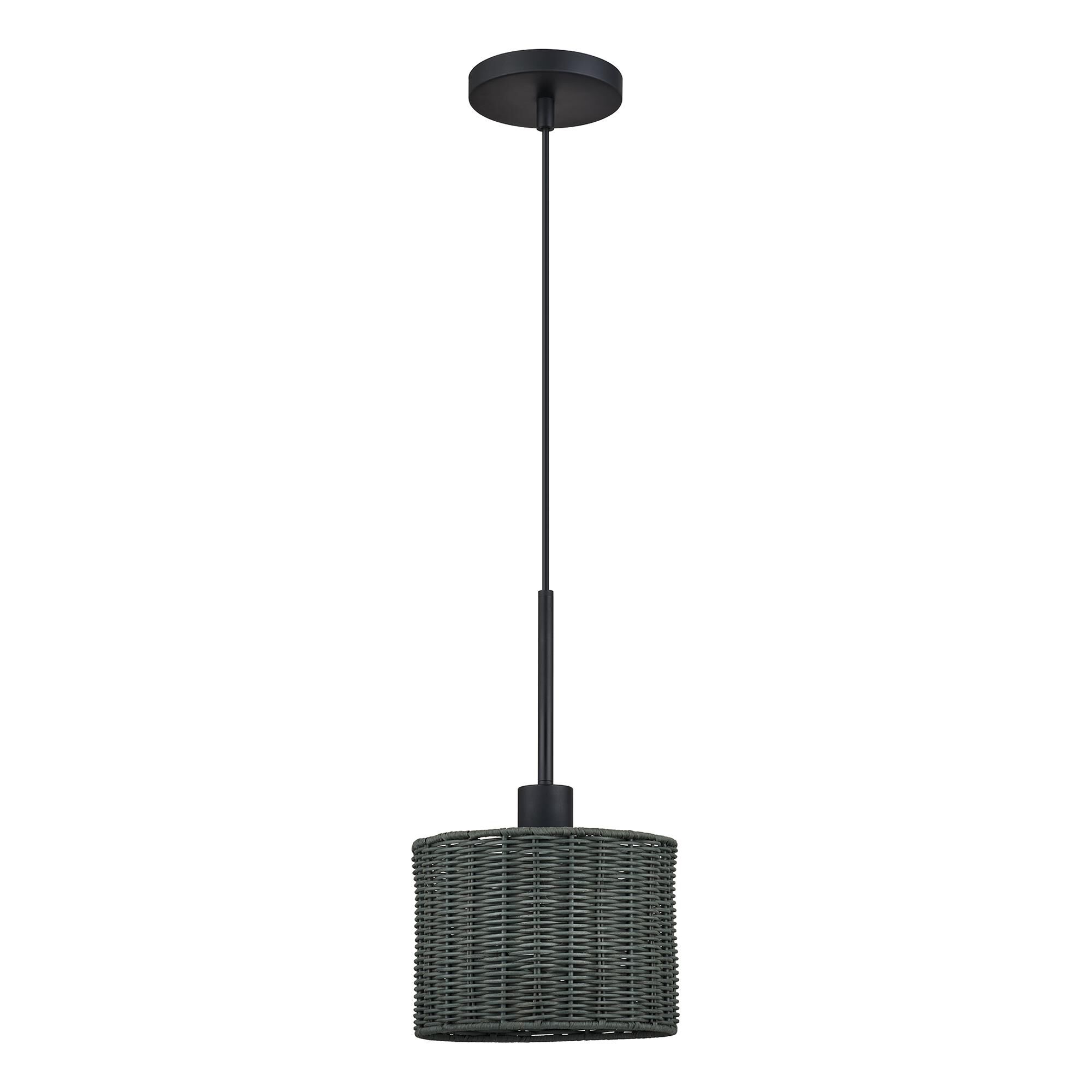 Shown in Black finish and Hand-Woven Charred Gray Color Rattan shade
