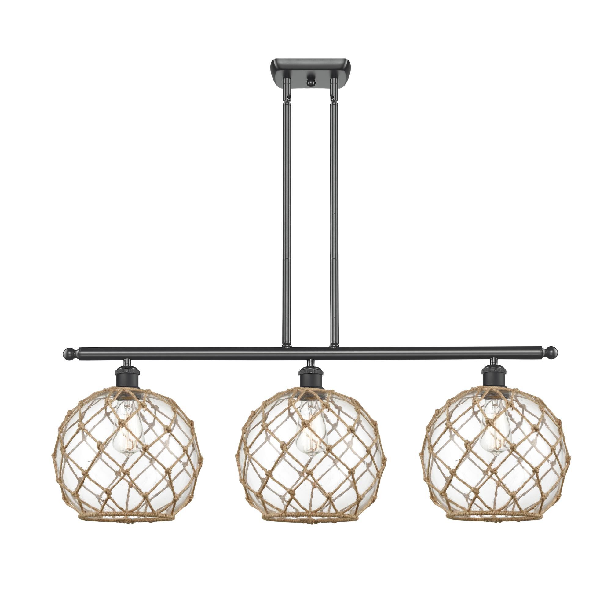 Shown in Matte Black finish and Sphere glass and Glass And Rope shade