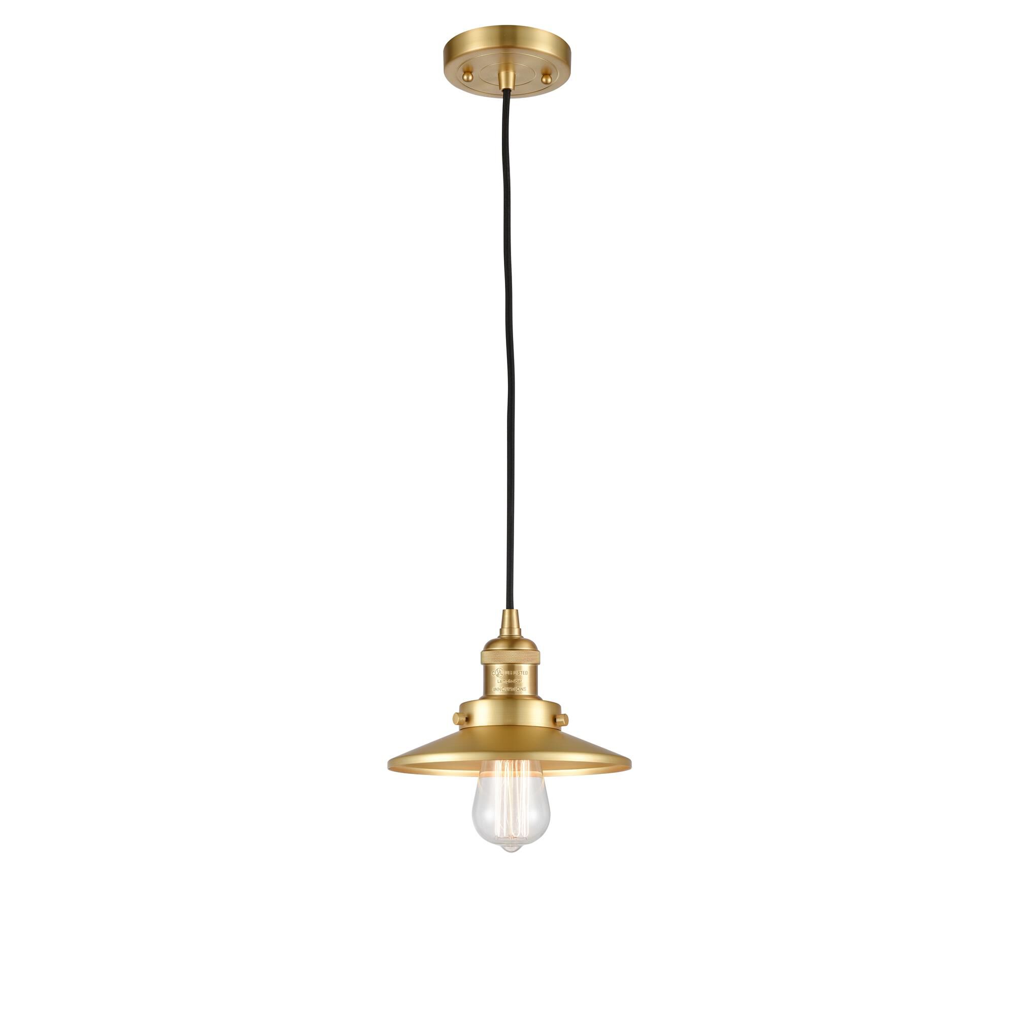 Shown in Satin Gold finish and Satin Gold Railroad shade