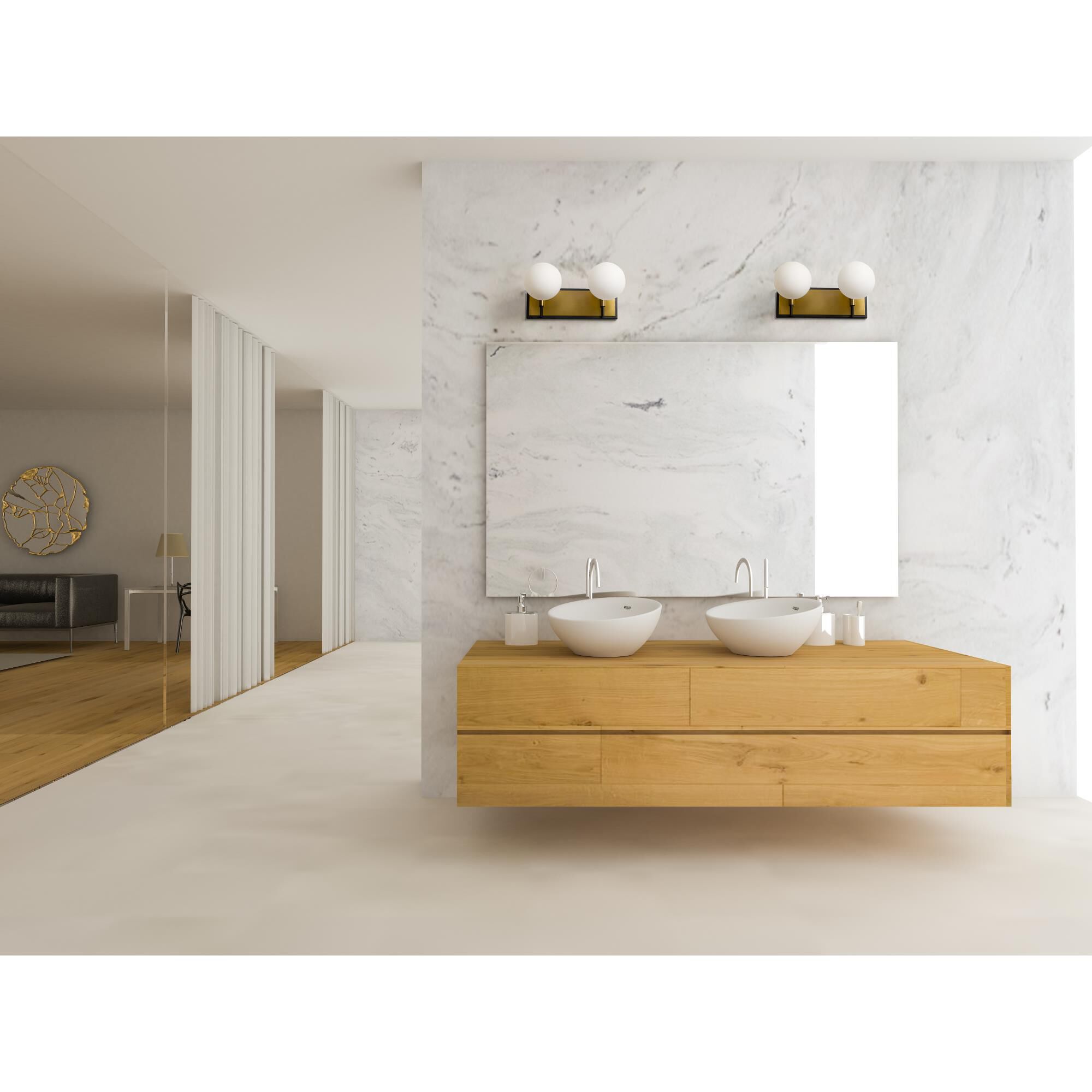 Shown in Matte Black + Olde Brass finish and Glass shade