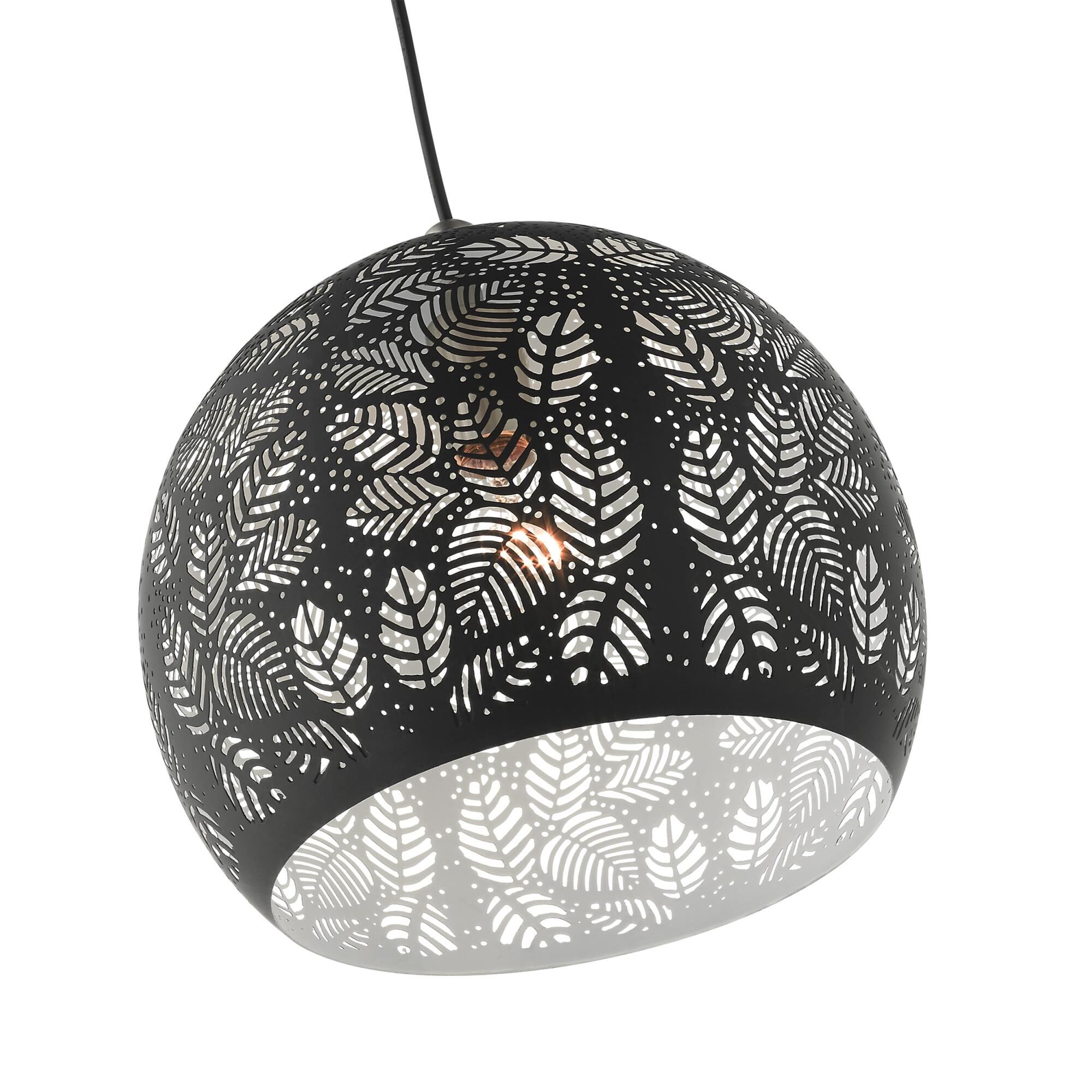 Shown in Black With Brushed Nickel Accents finish and Black Ornamental Metal Shade With White Finish Inside glass and Black Ornamental Metal  With White Finish Inside shade