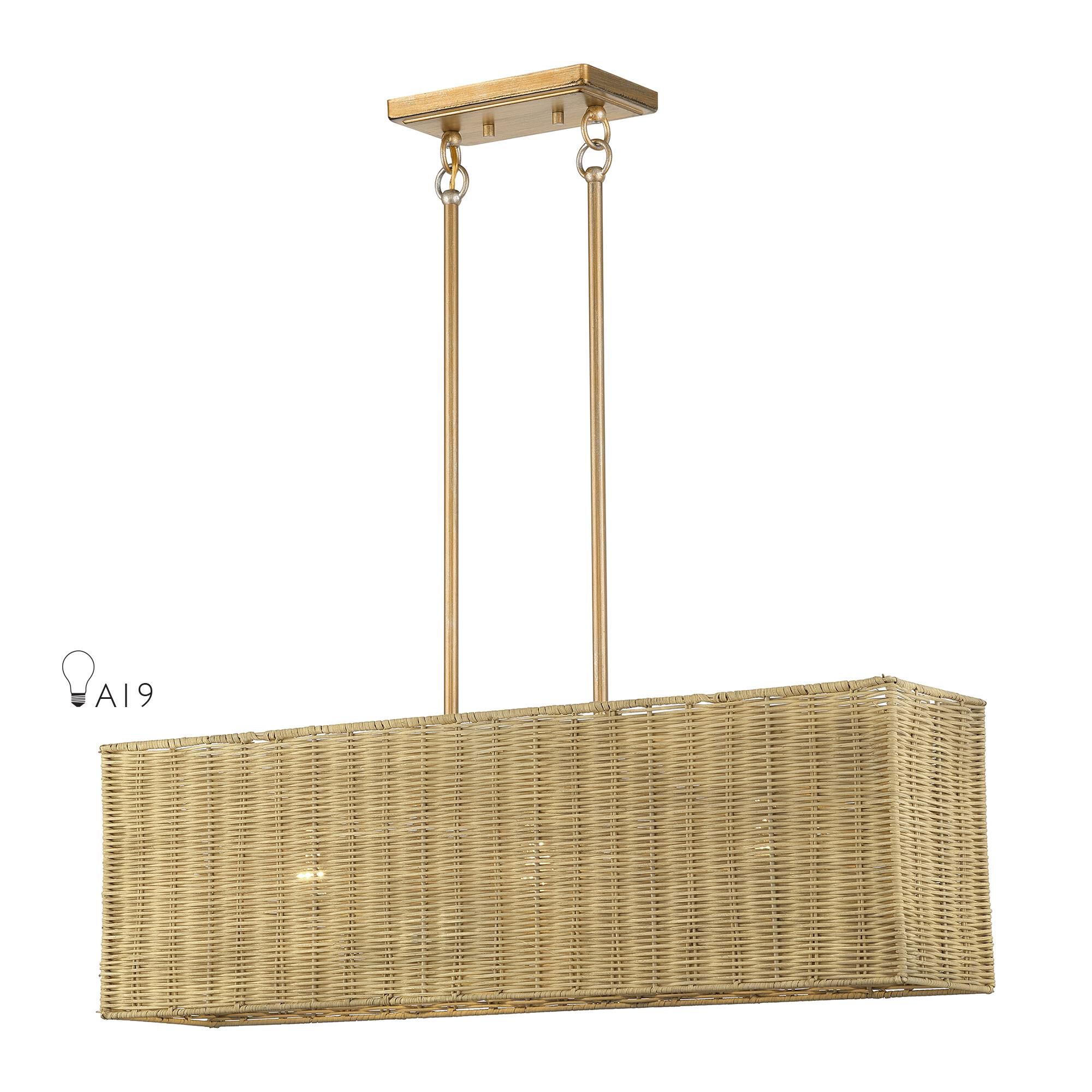 Shown in Antique Gold Leaf finish and Hand-Woven Rustic Walnut Color Rattan shade