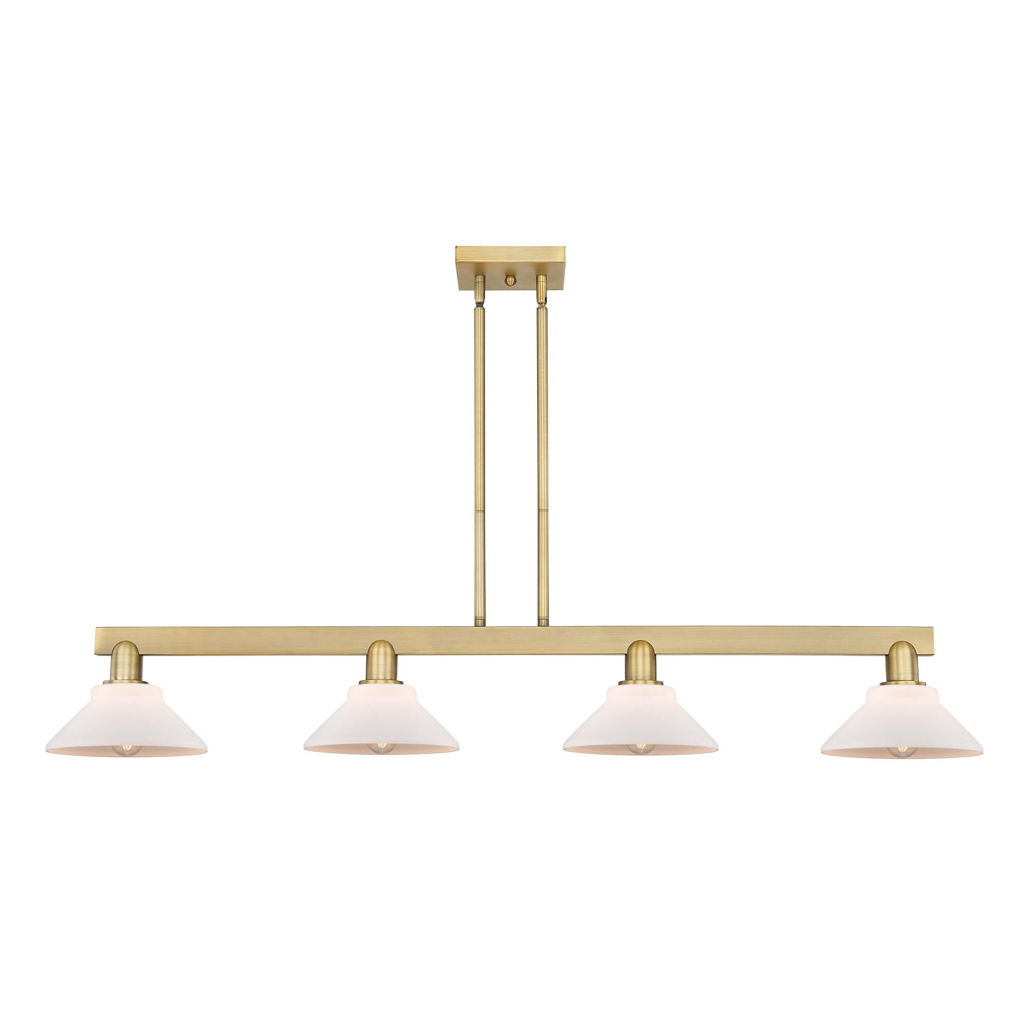 Shown in Brushed Brass finish and Matte White glass