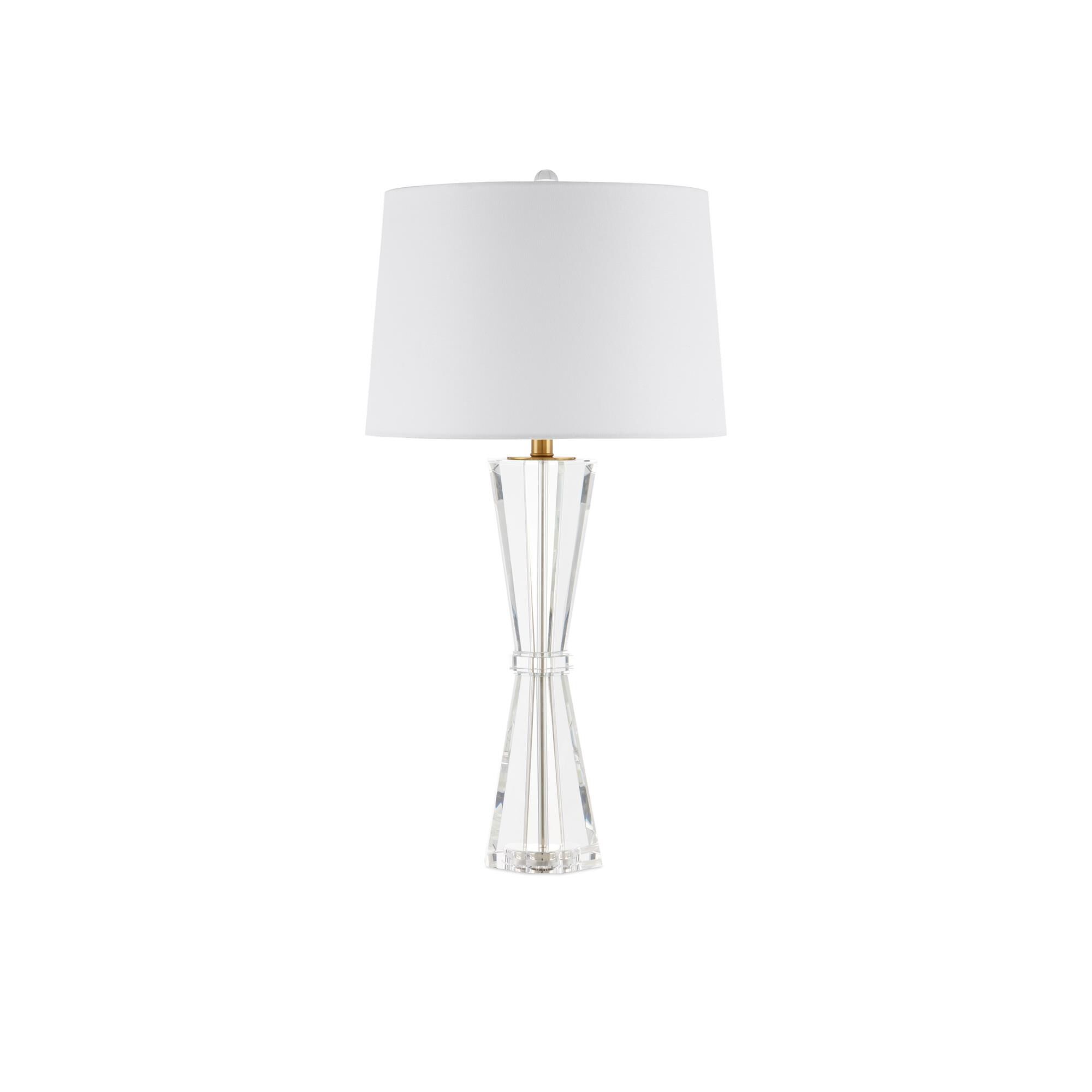 Shown in Clear, Polished Brass finish and Off-White Fine Linen shade