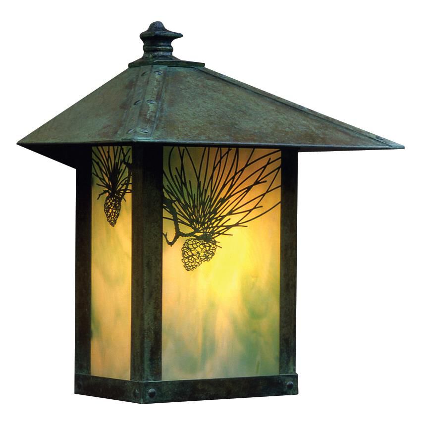 Shown in Verdigris Patina finish and Gold White Iridescent glass and Pine Needle accent