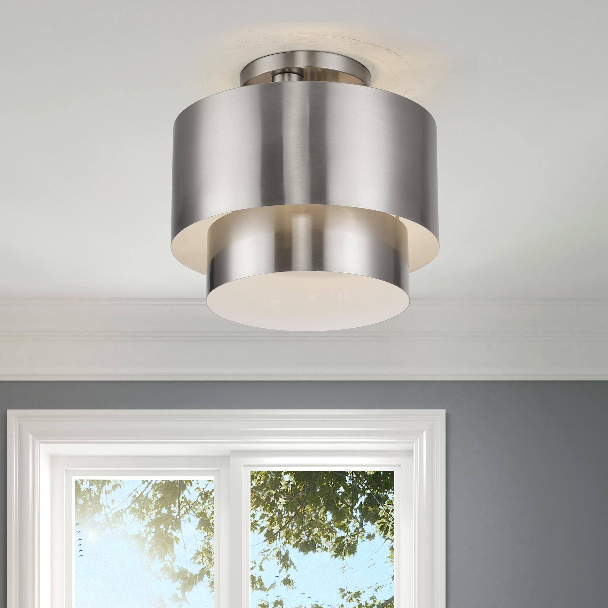 Shown in Brushed Nickel finish and Brushed Nickel Steel with Shiny White Inside shade