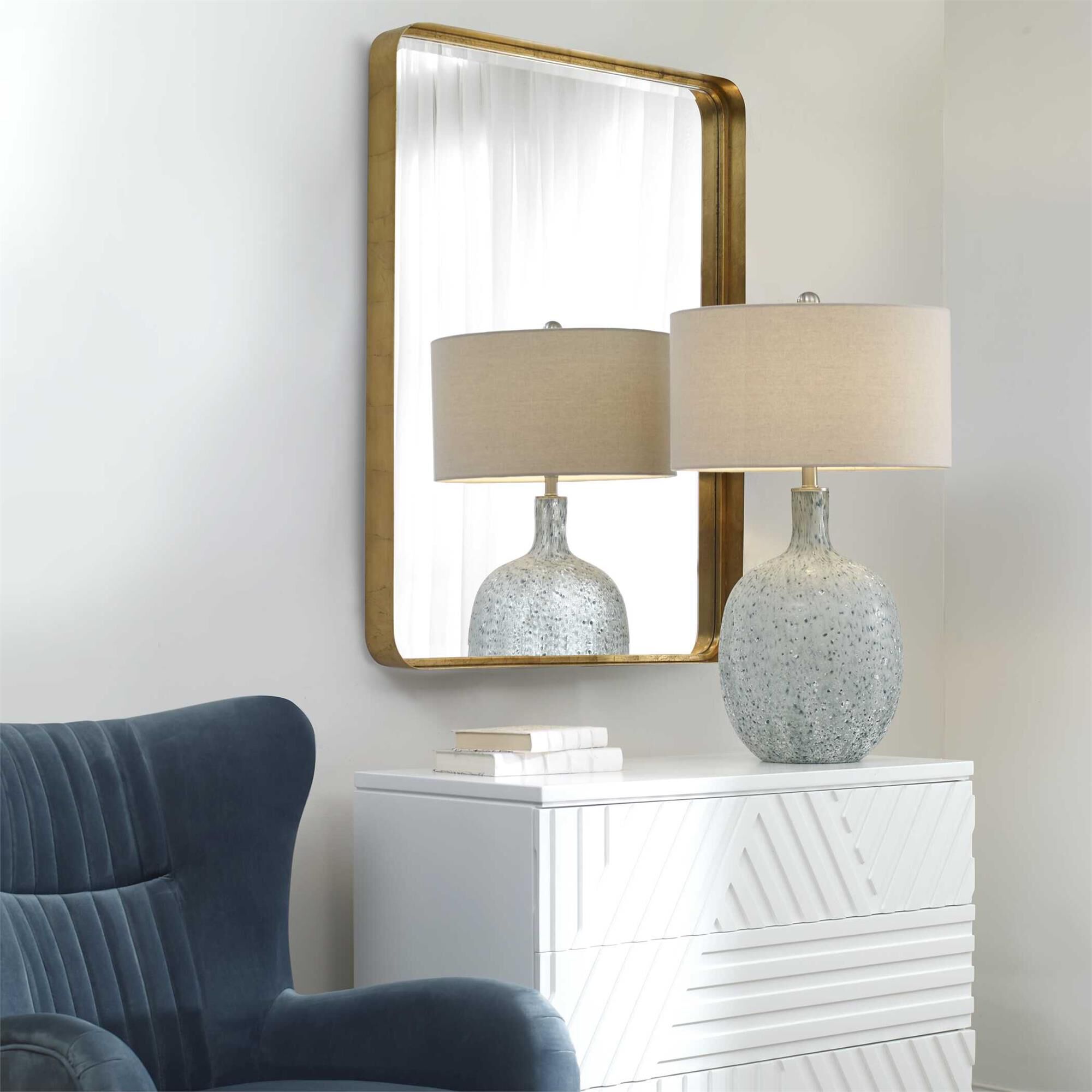 Shown in This Mirror Features A Deep Metal Band Surrounding An Offset Inner Ledge Finished In A Lightly Antiq finish