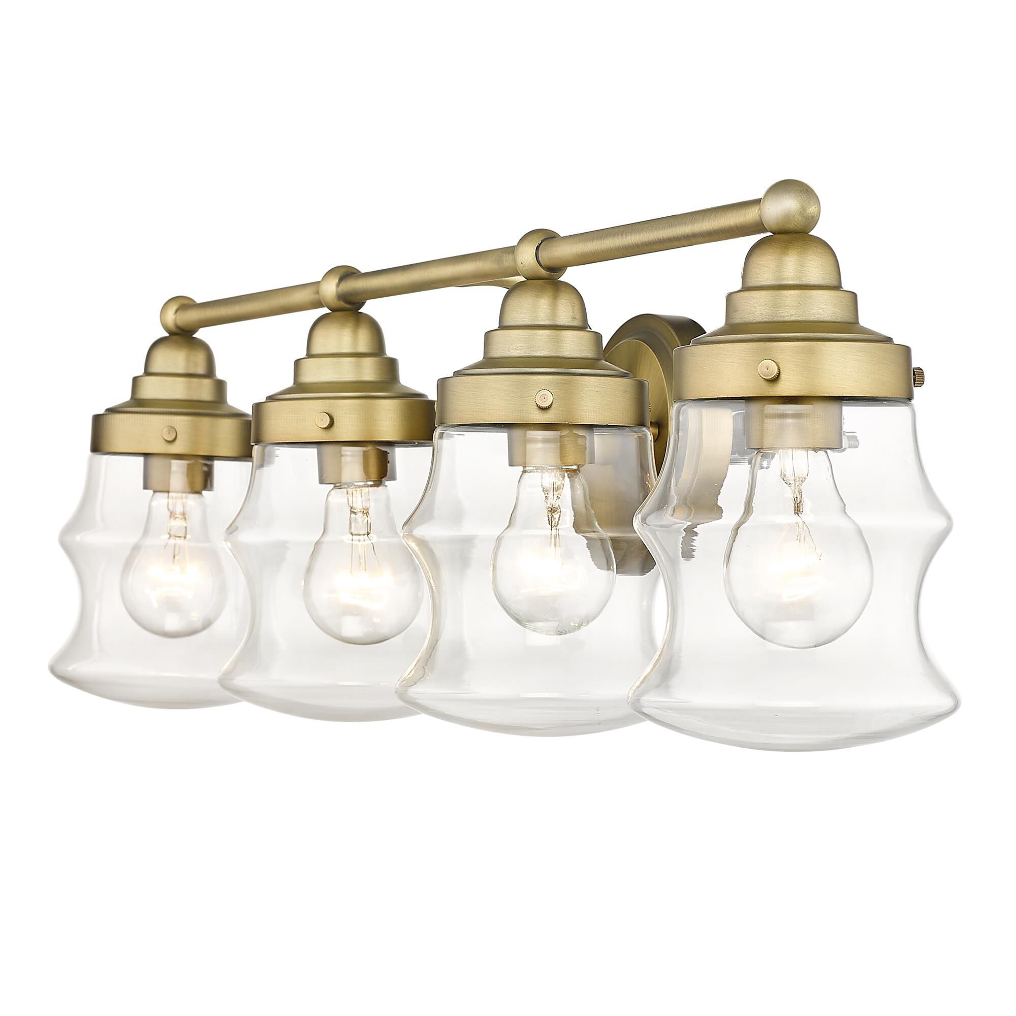 Shown in Antique Brass finish and Clear Glass shade