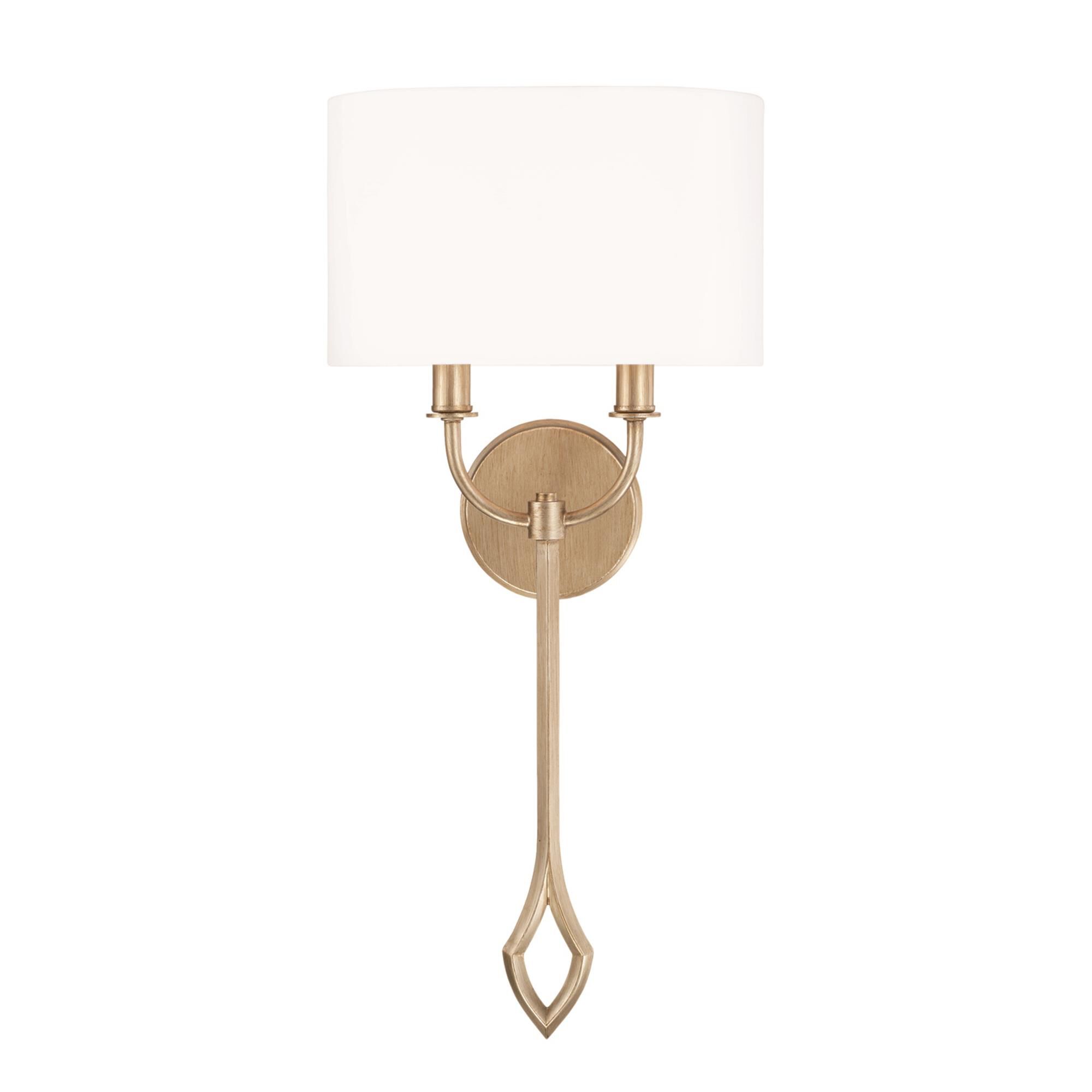Shown in Brushed Champagne finish and White Fabric Oval Stay-Straight shade