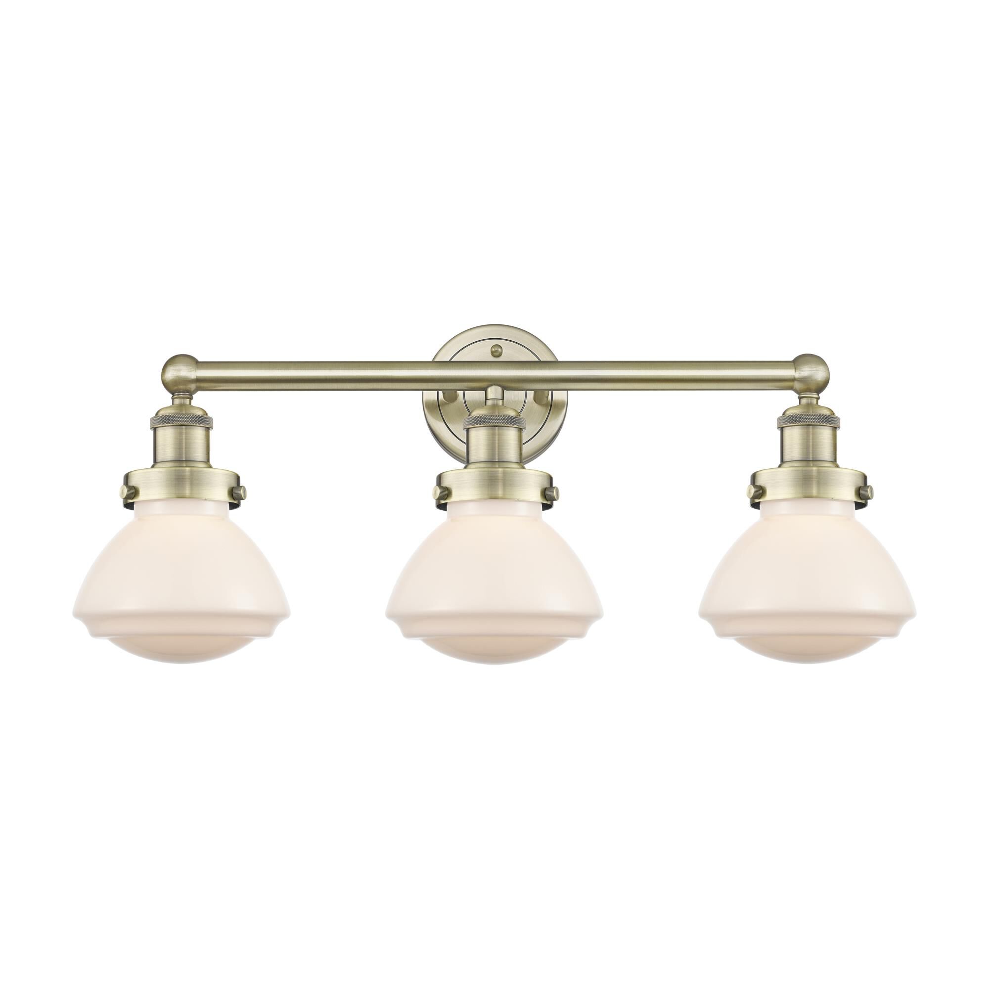 Shown in Antique Brass finish and Matte White glass