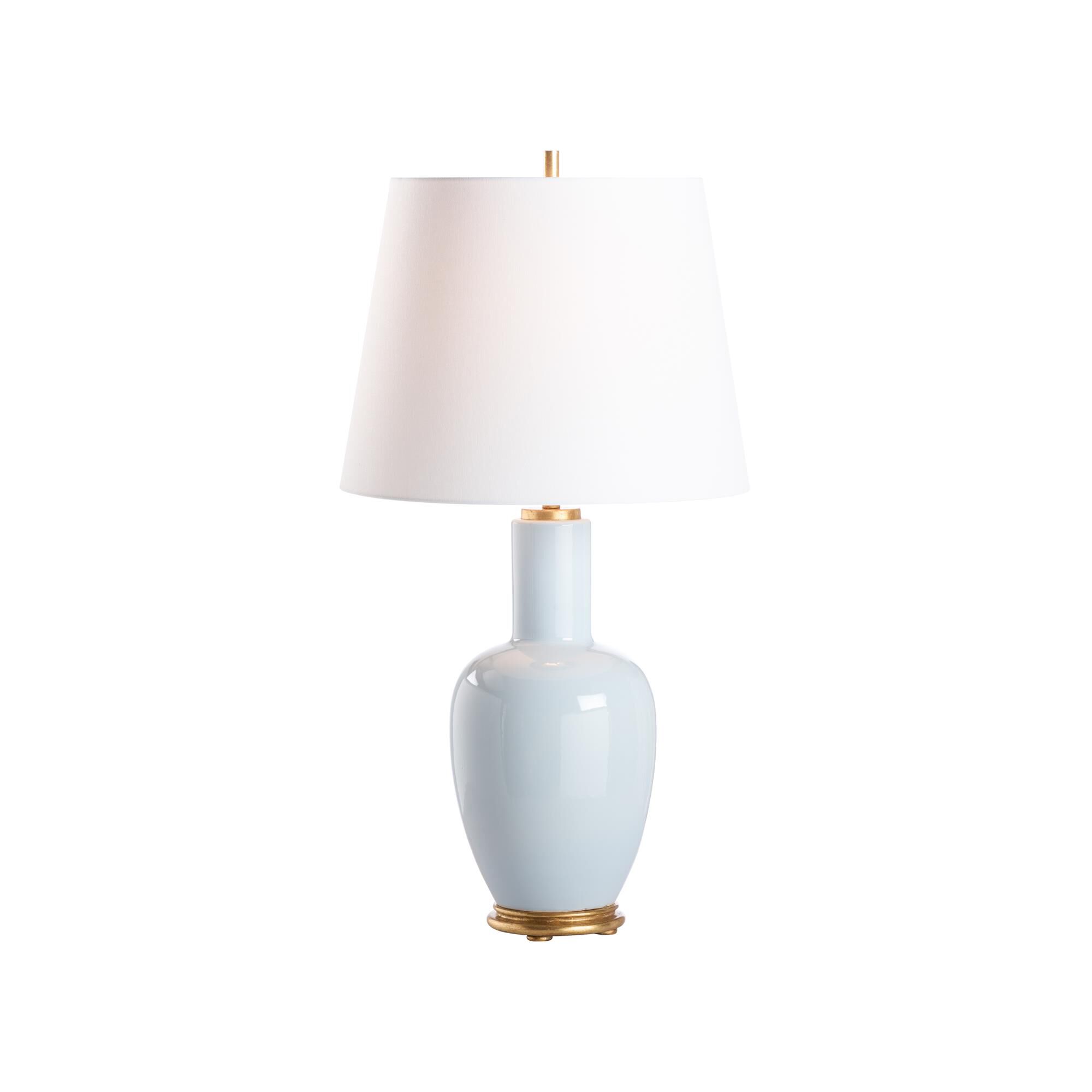 Shown in Blue and Gold finish and Linen shade