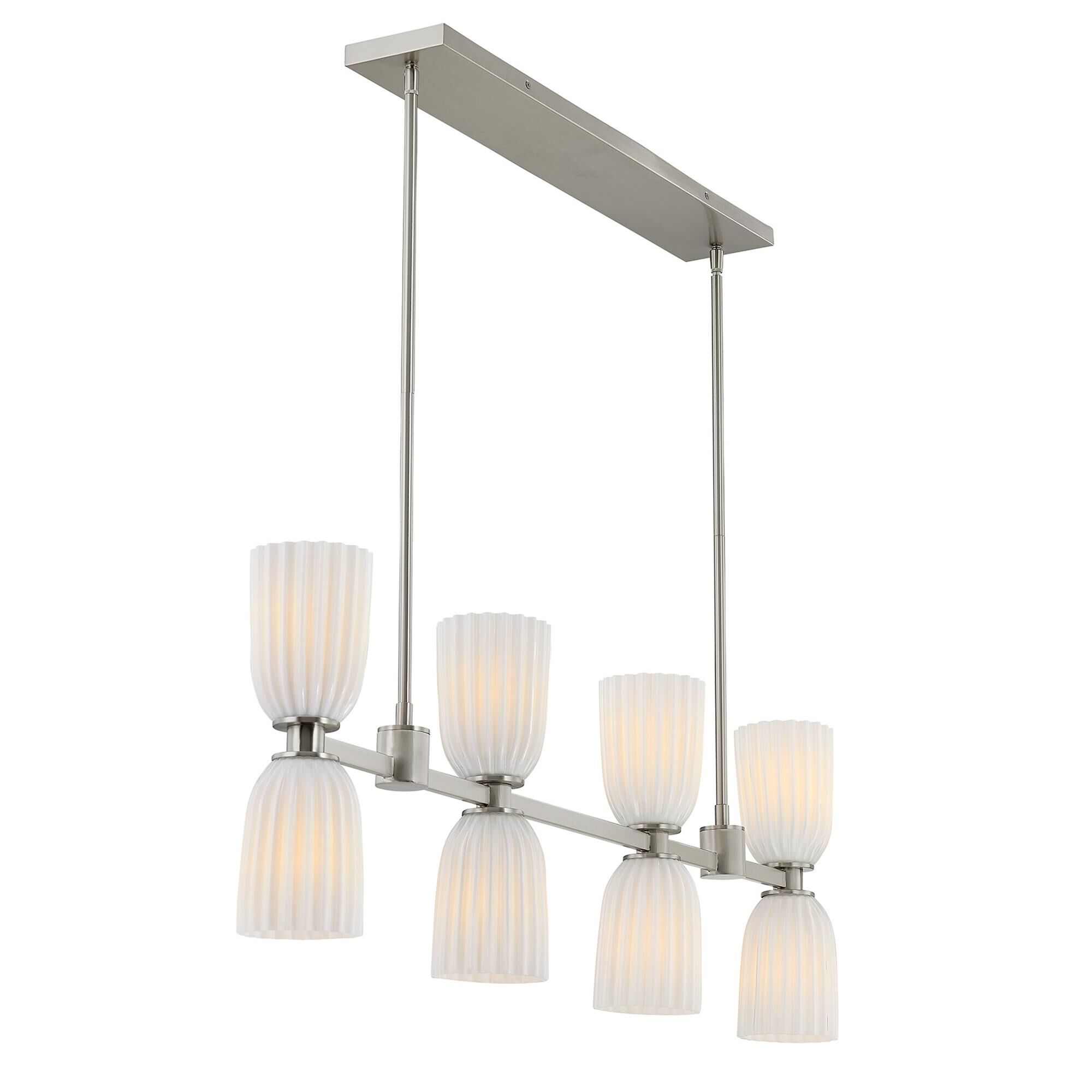 Shown in Satin Nickel finish and White Opal Ribbed glass