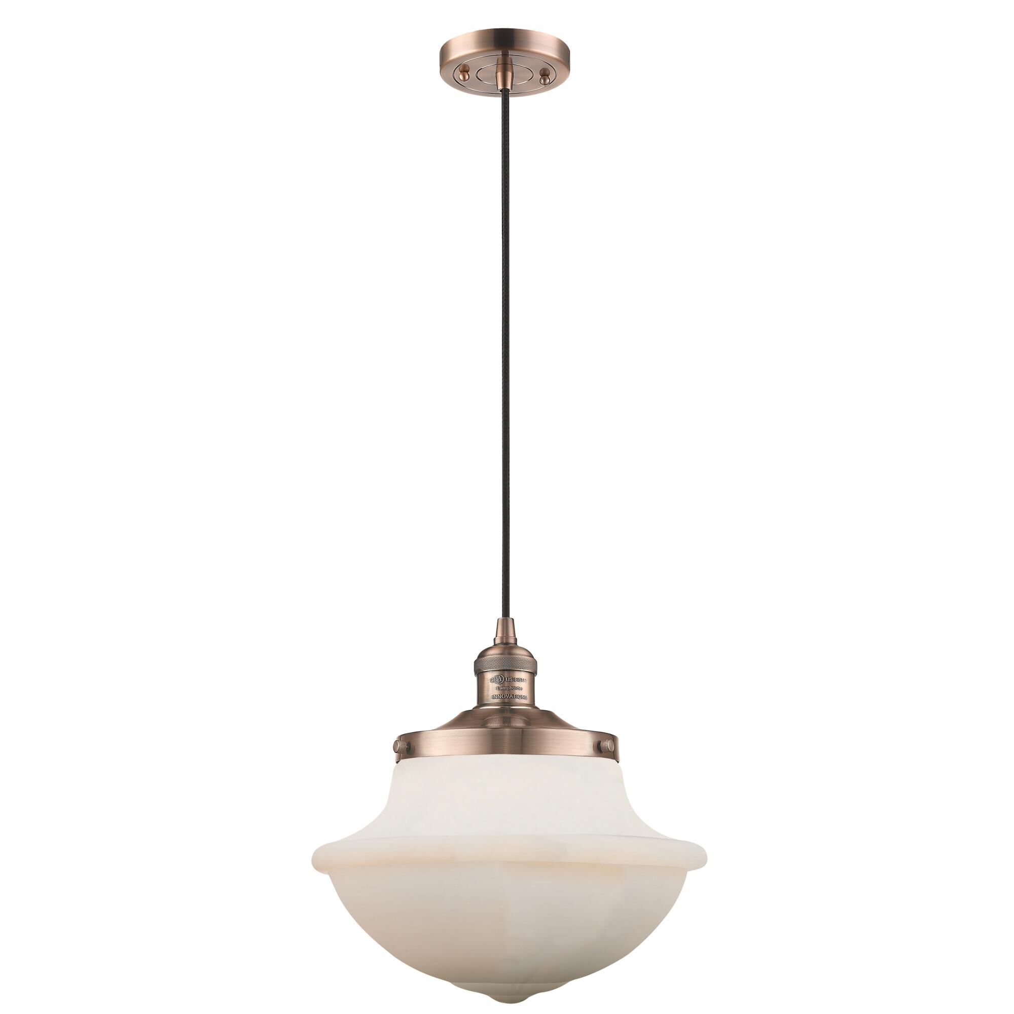 Shown in Antique Copper finish and Matte White glass