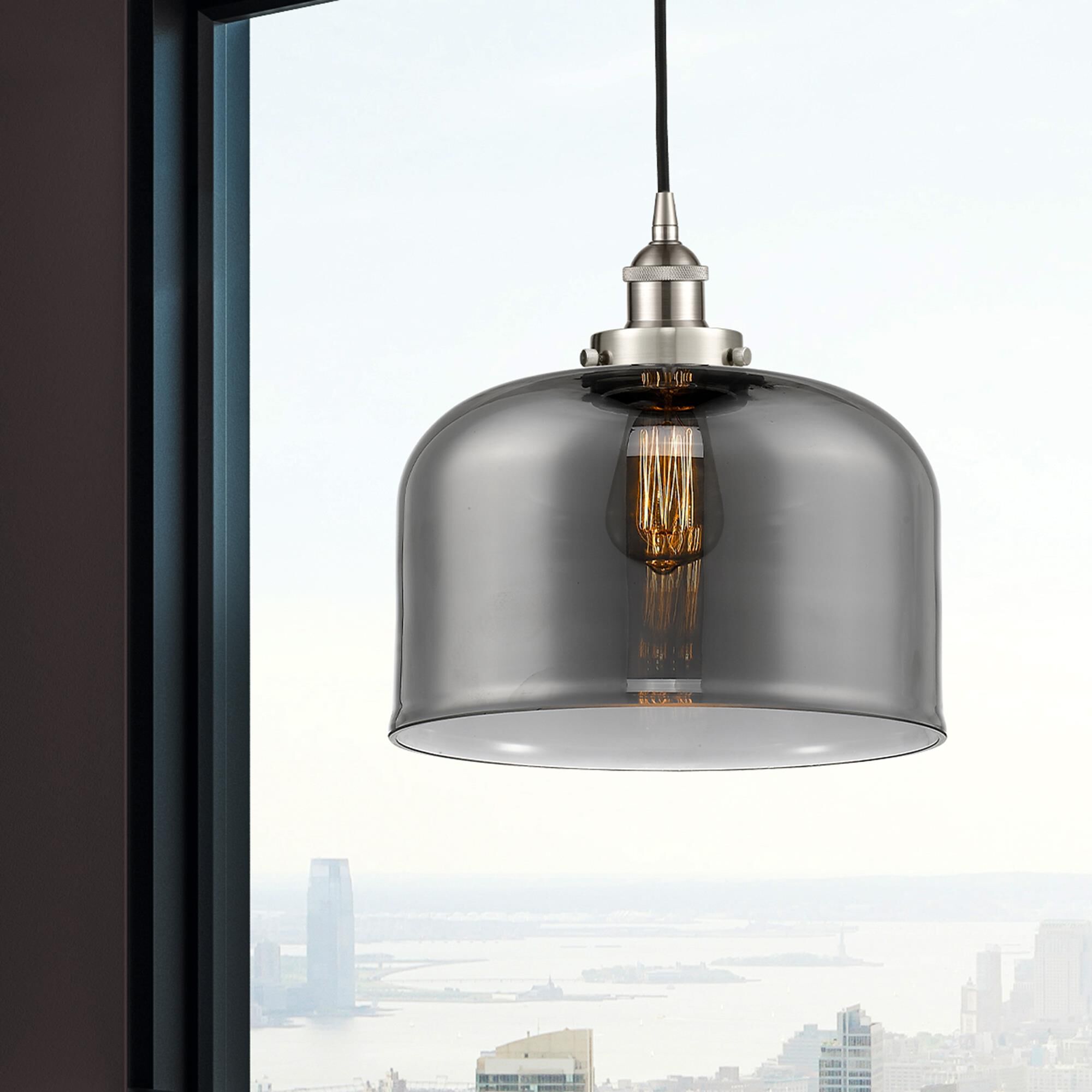 Shown in Brushed Satin Nickel finish and Plated Smoke X-Large Bell glass