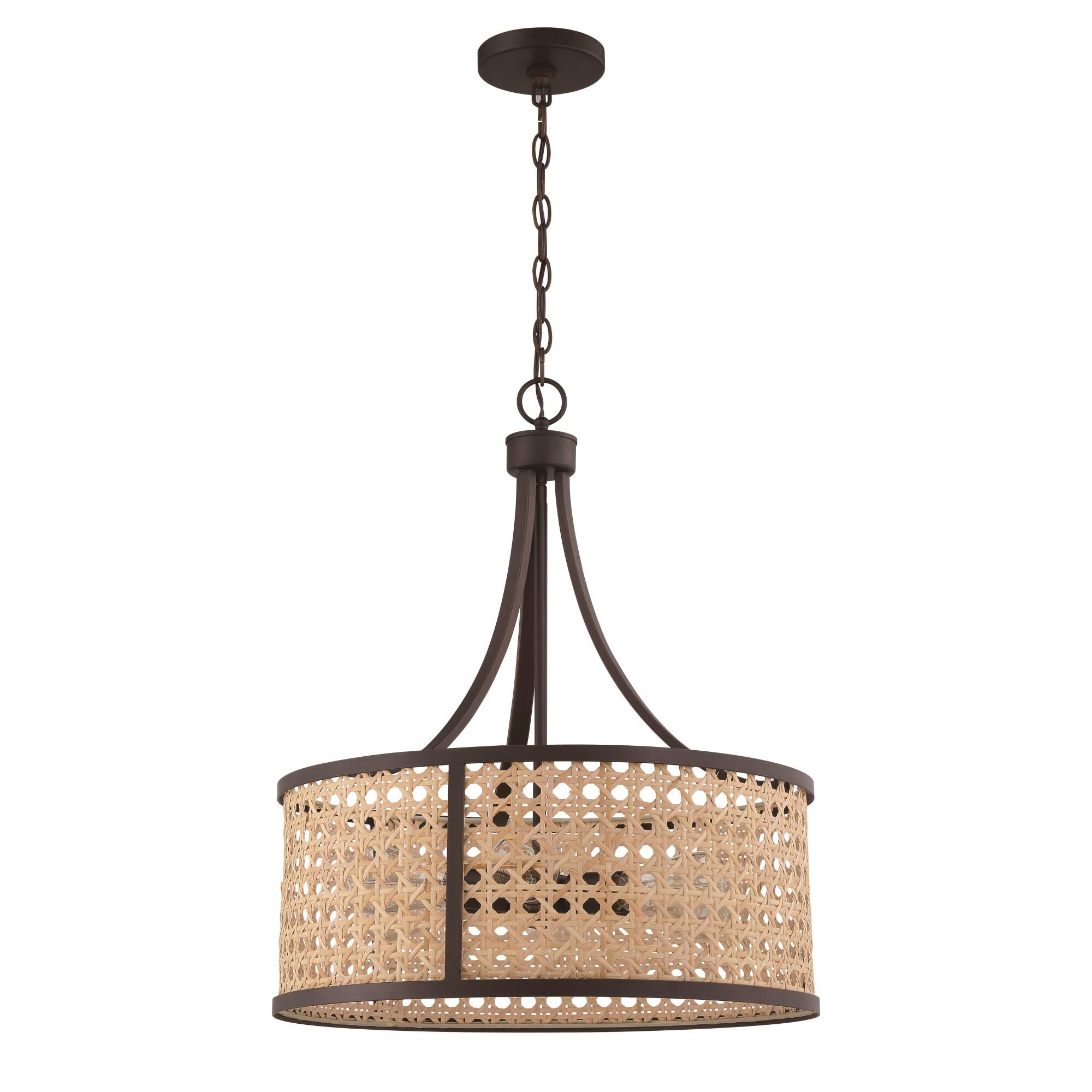 Shown in Aged Bronze Brushed finish and Natural glass and Rattan shade