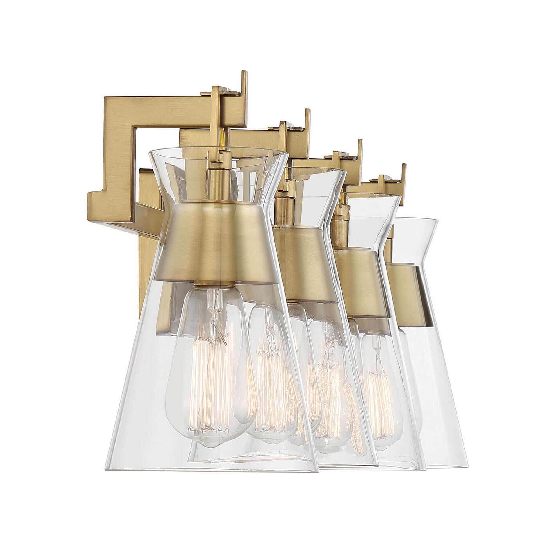 Shown in Warm Brass finish and Clear glass and Glass shade