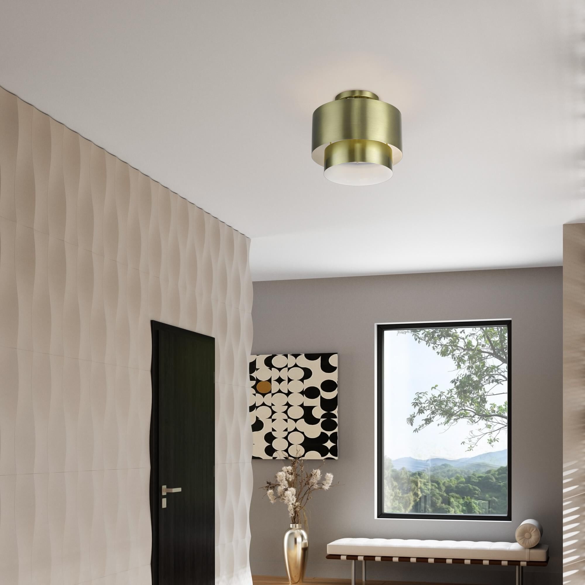 Shown in Antique Brass finish and Antique Brass Steel with Shiny White Inside shade