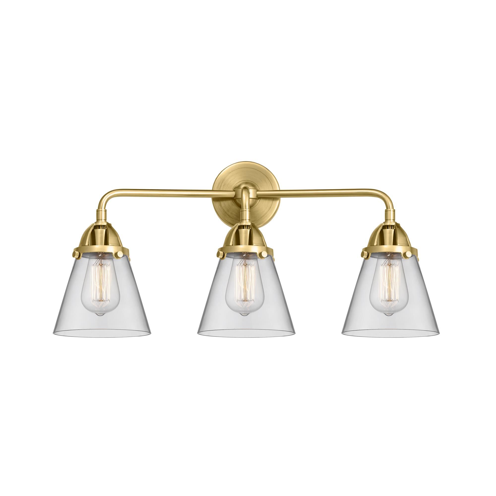 Shown in Satin Gold finish and Clear Small Cone glass and No Shade shade