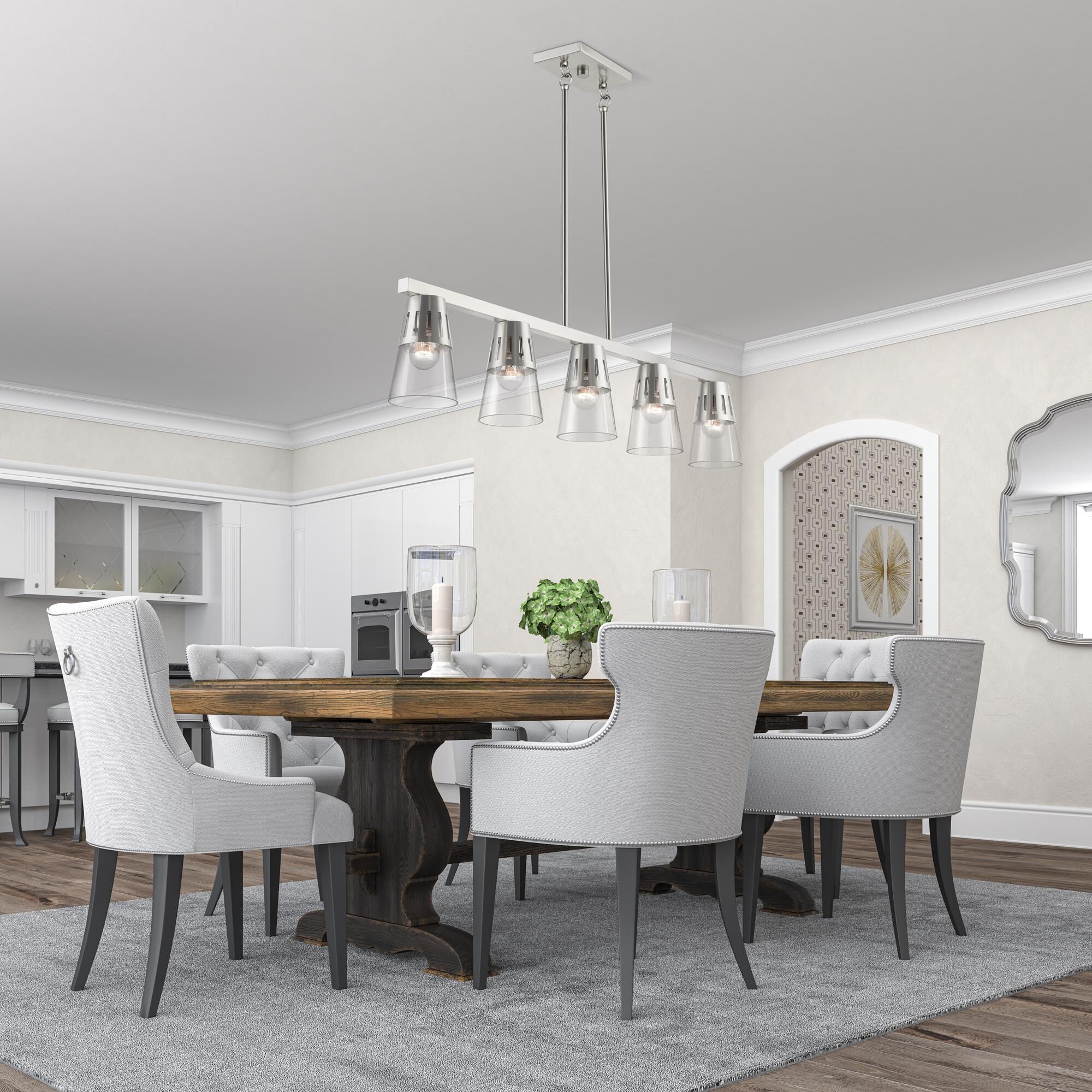 Shown in Brushed Nickel finish and Clear Hand Blown glass