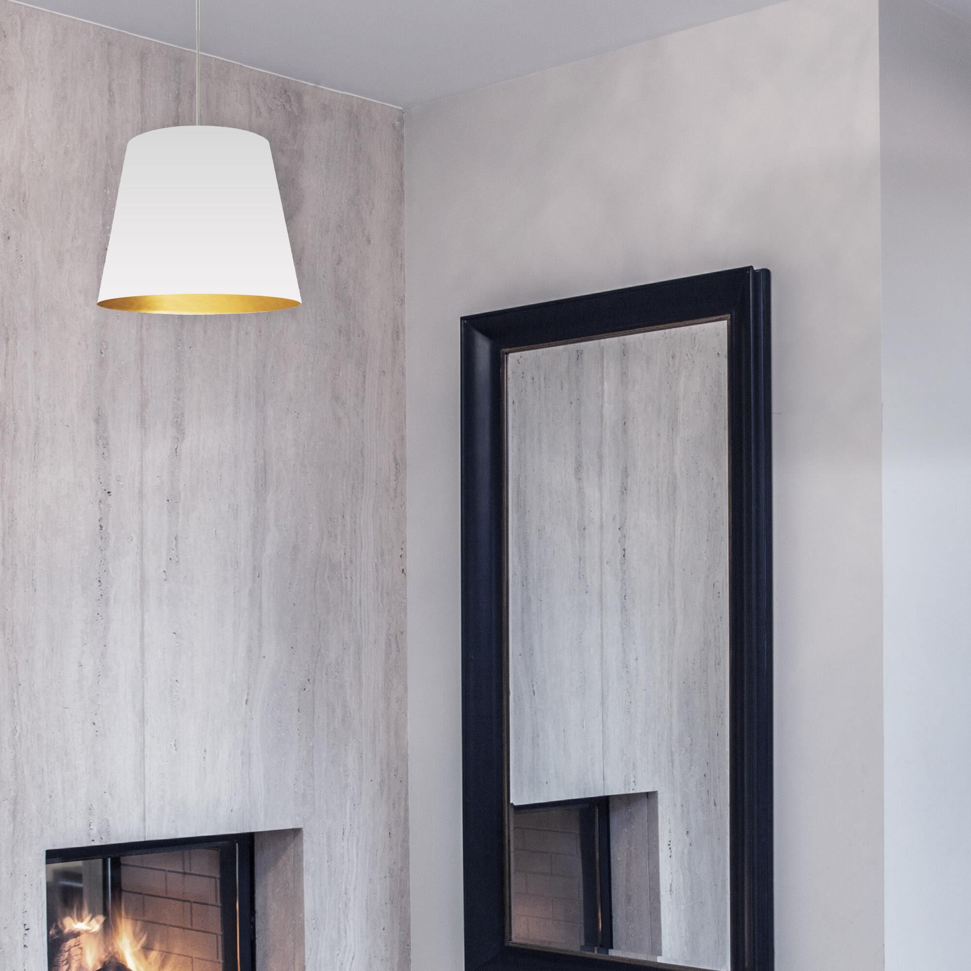 Shown in White finish and White glass and White on Gold Fabric shade and Polished Chrome accent