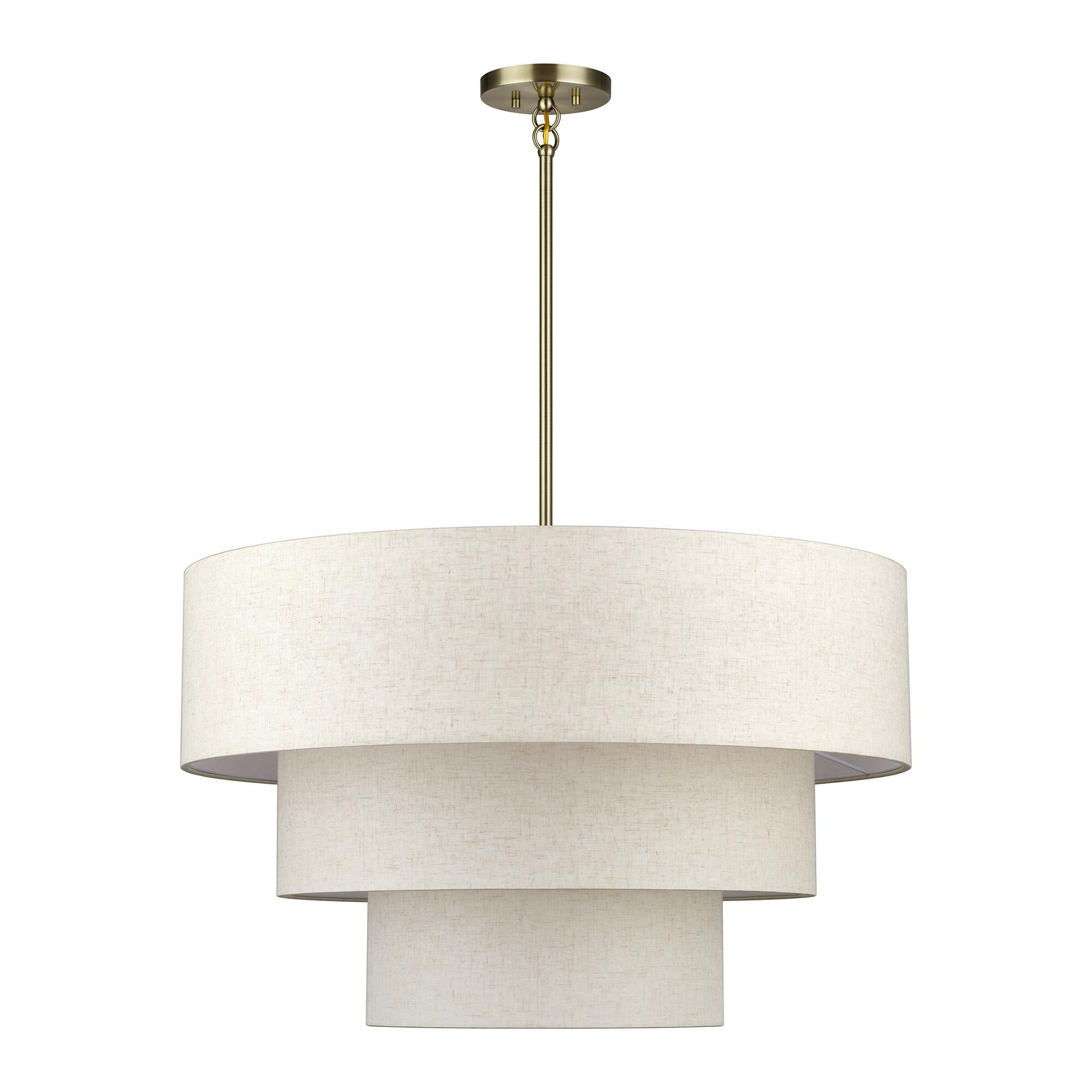 Shown in Antique Brass finish and Hand Crafted Oatmeal Color Fabric with White Color Inside shade